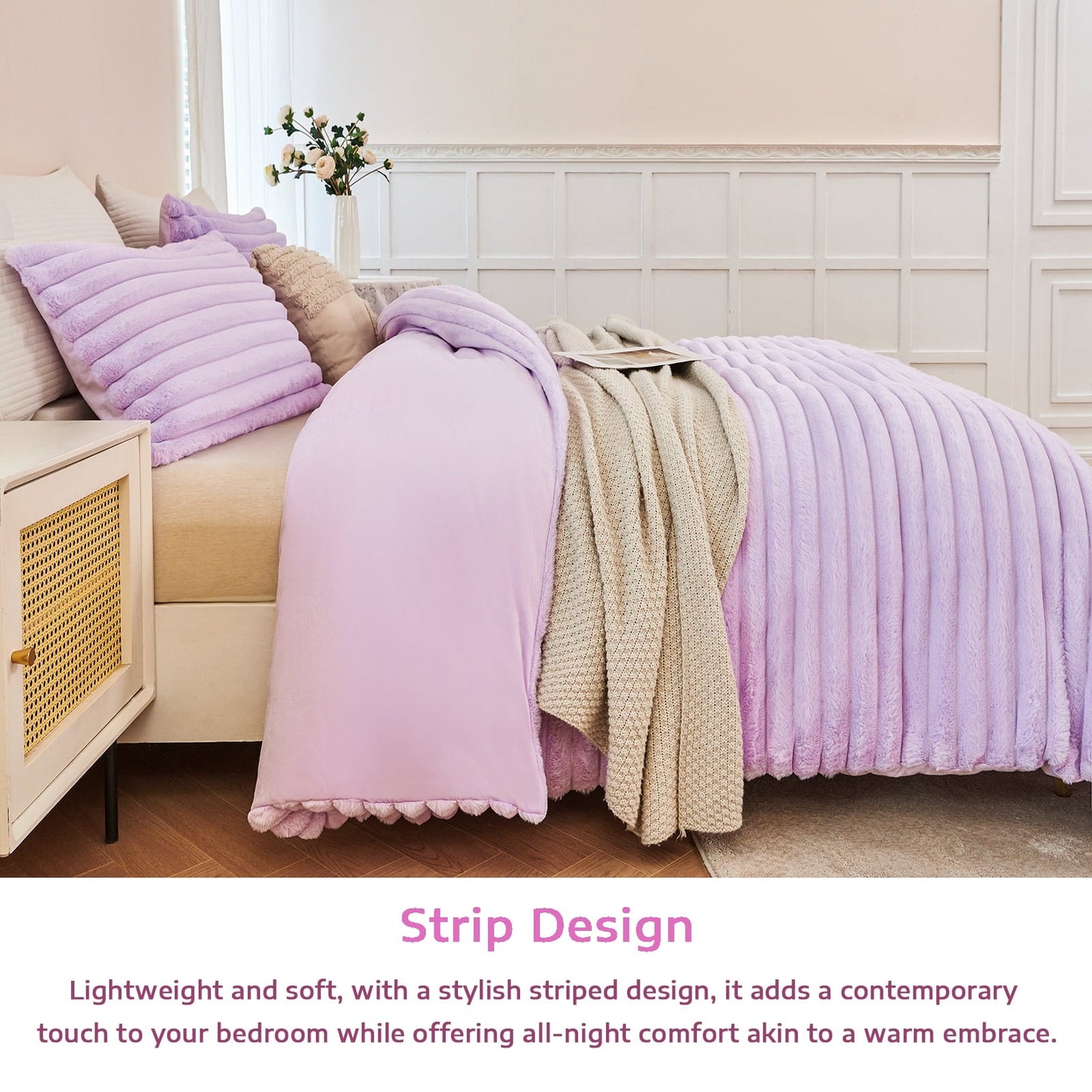 Luxurious Quilted Fleece Twin Comforter Set, Light Purple Super Soft Furry Plush Bedding, Luxury Fluffy Fuzzy Heavy Bed Set for Winter ... - Luxurious Quilted Duvet Cover Set Detail