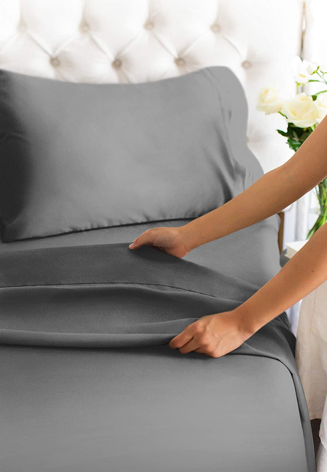 Wrinkle-Resistant 4-Piece Extra Deep Pocket Sheet Set - Full Size Breathable & Cooling Bed Sheets Fits 18"-24" Mattresses, Gray - Breathable Egyptian Cotton Flat & Fitted Sheets Detail