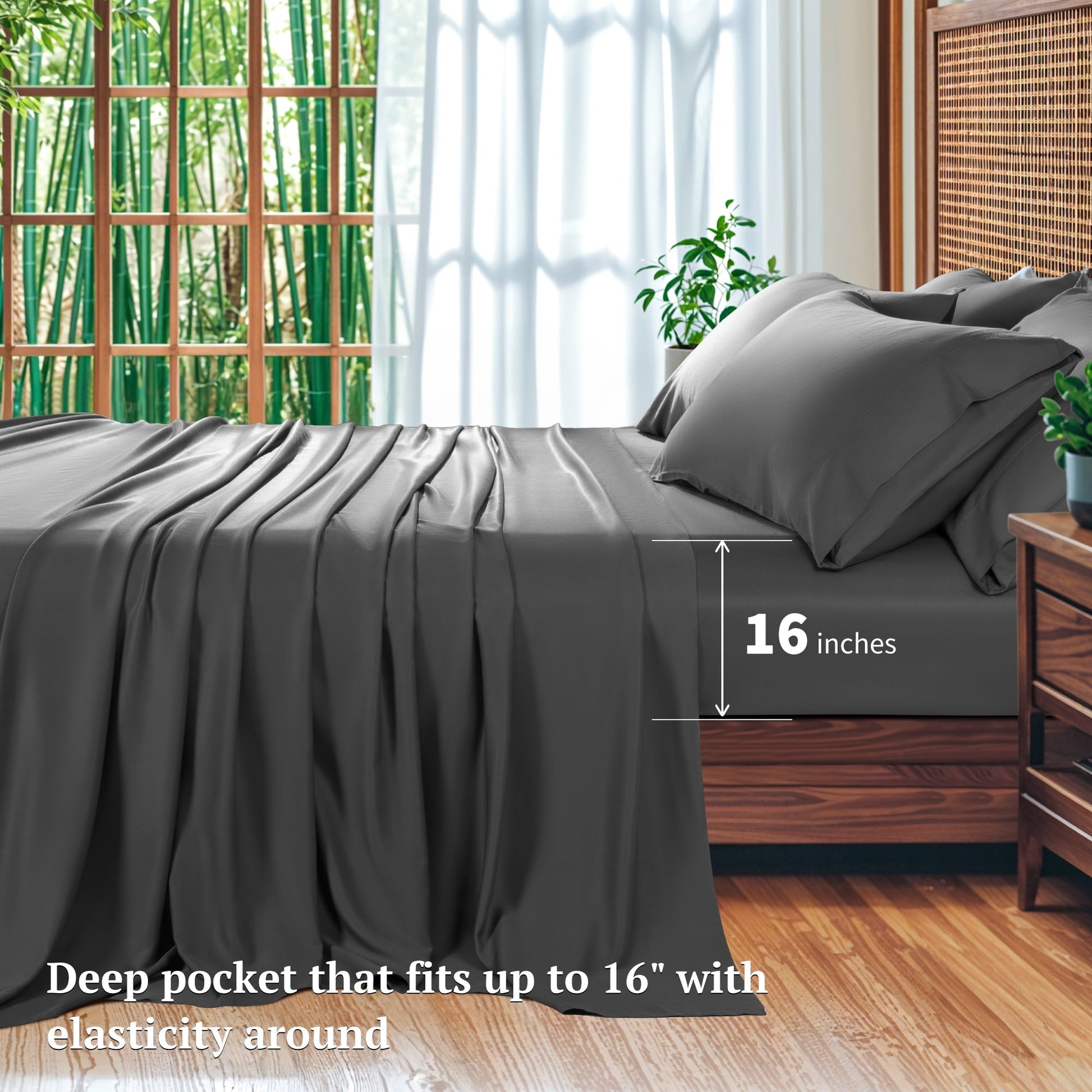 Premium Egyptian Cotton 6 Pieces Bamboo Bed Sheets Set, Luxury Rayon Derived - Deep Pockets - Wrinkle Free - Extremely Soft, Queen, Dark Gray - Luxury Bed Sheet Set with Deep Pockets Detail