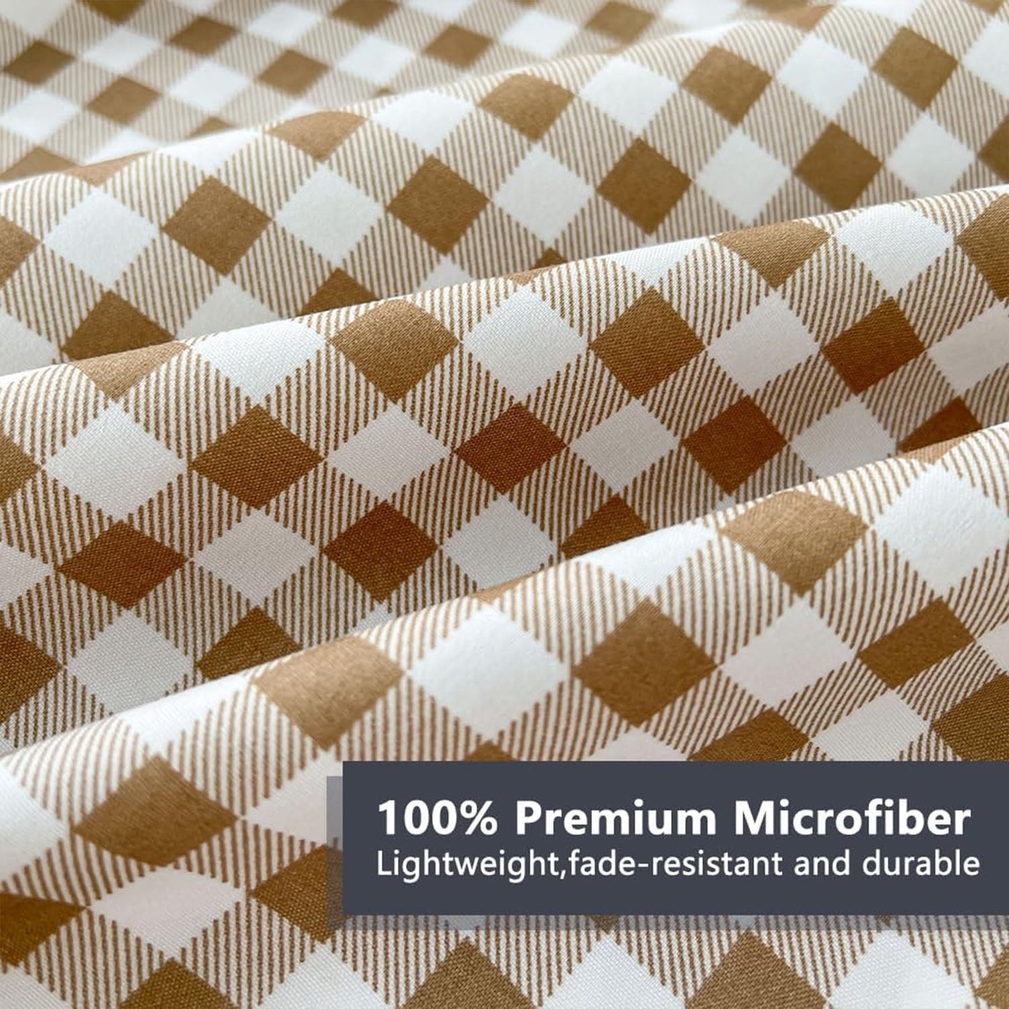 Premium Egyptian Cotton Sheet Set, Soft Brushed Microfiber Taupe Plaid Sheets, 4-Piece Brown Grid Set with Deep Pocket - Breathable Egyptian Cotton Flat & Fitted Sheets Detail