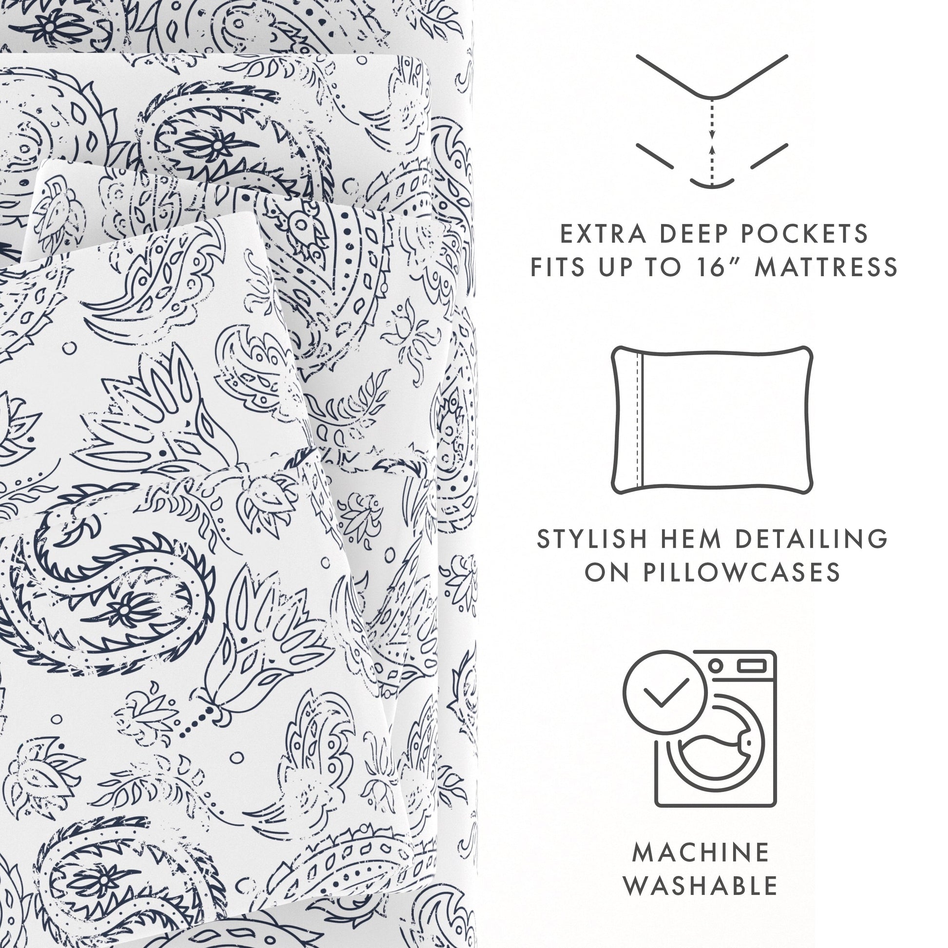 Premium Egyptian Cotton 4 Piece Pattern Microfiber Bed Sheets Set, Navy Coarse Paisley, Full - Breathable Egyptian Cotton Flat & Fitted Sheets Detail