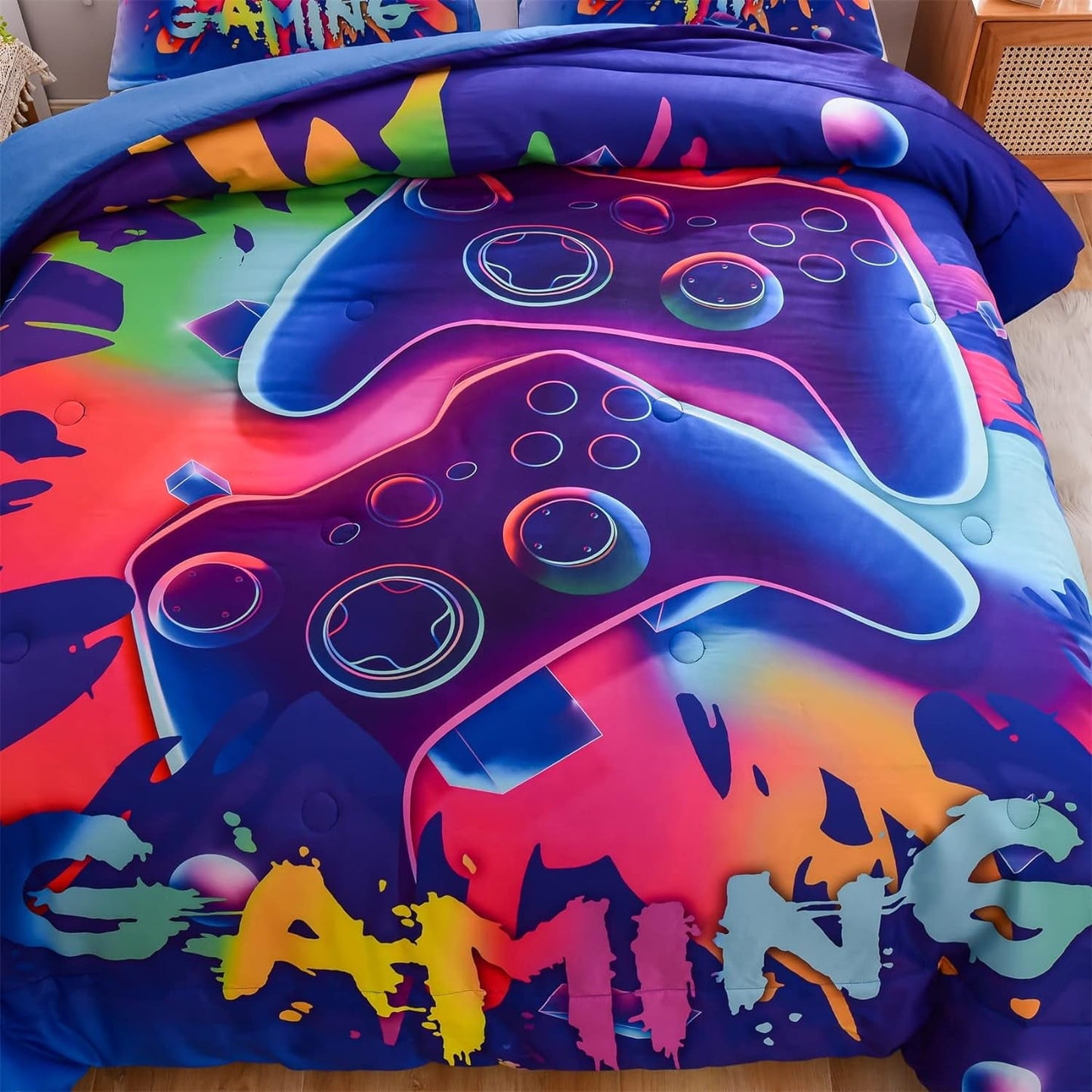 Luxurious Quilted Purple Queen Gaming Comforter Sets for Boys Kids Bedding Sets Colorful Games Console Gamer Quilt Set - Luxurious Quilted Duvet Cover Set Detail
