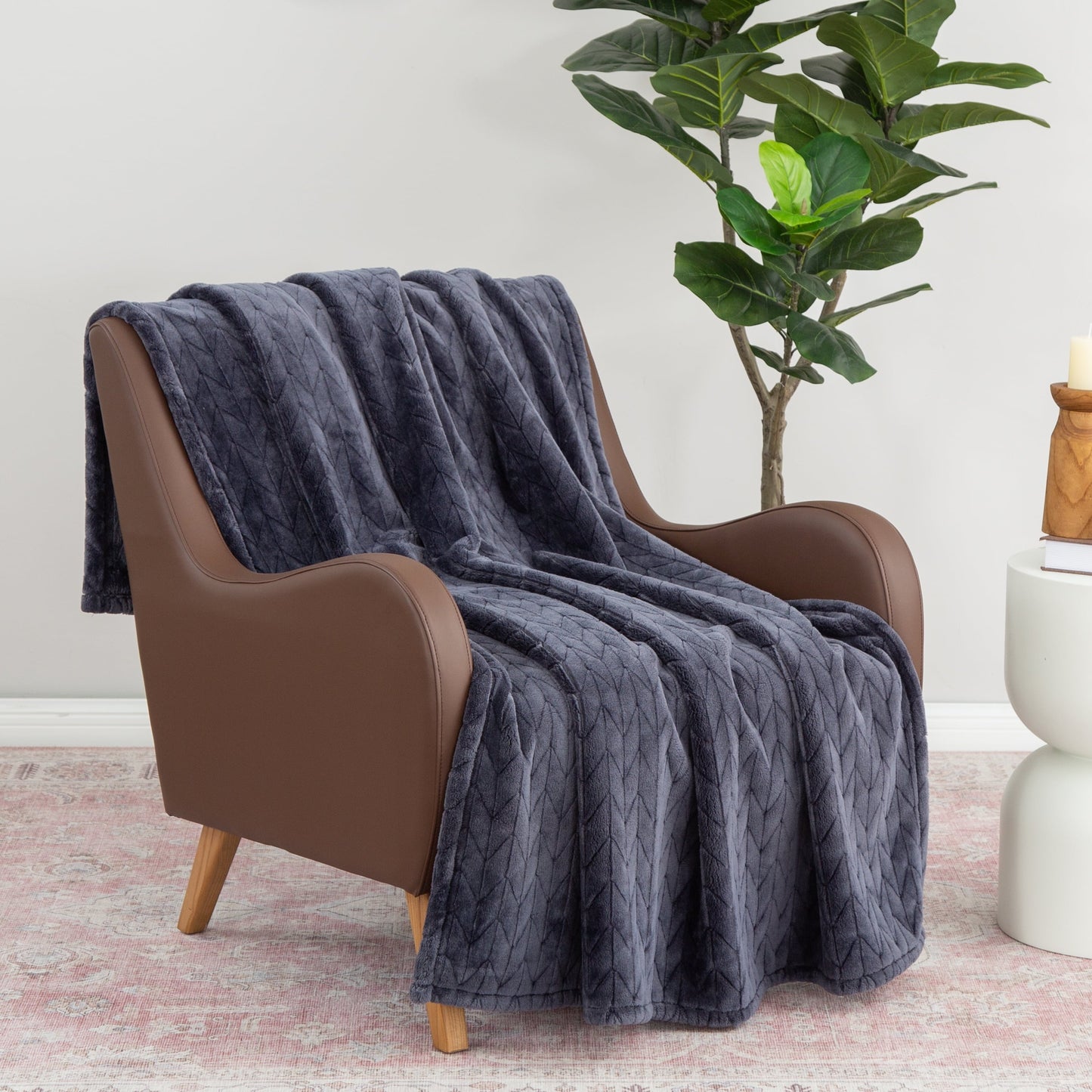 Cozy Fleece Textured Velvet Plush Soft Fleece Throw Blanket, Oversized, Greystone - Luxury Knitted Decorative Throw Blanket with Fringes Detail