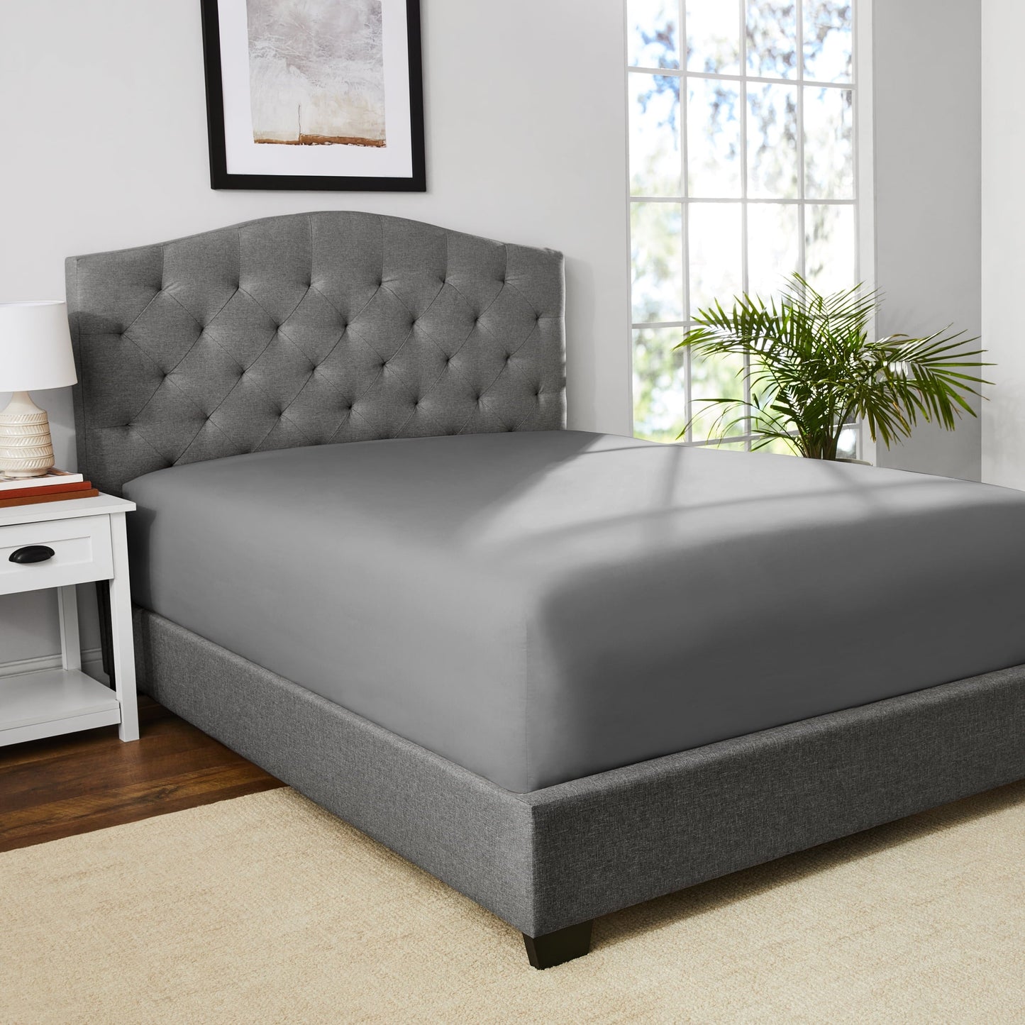 Wrinkle-Resistant Easy Care 300 Thread Count Solid Soothing-Gray CVC Cotton Blend Fitted Sheet, King (Adult) - Luxury Bed Sheet Set with Deep Pockets Detail