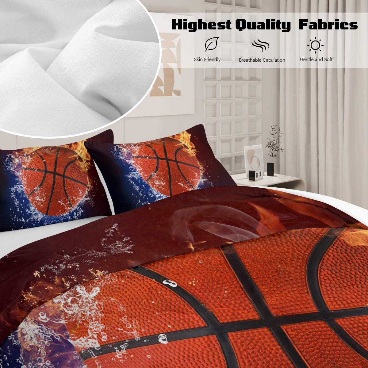 Fluffy Down Alternative Twin Comforter Set, 3 Pieces Sport Bedding Set for Kids Boys Teens Brushed Microfiber Basketball Comforter Set, 66x90... - Luxurious Quilted Duvet Cover Set Detail