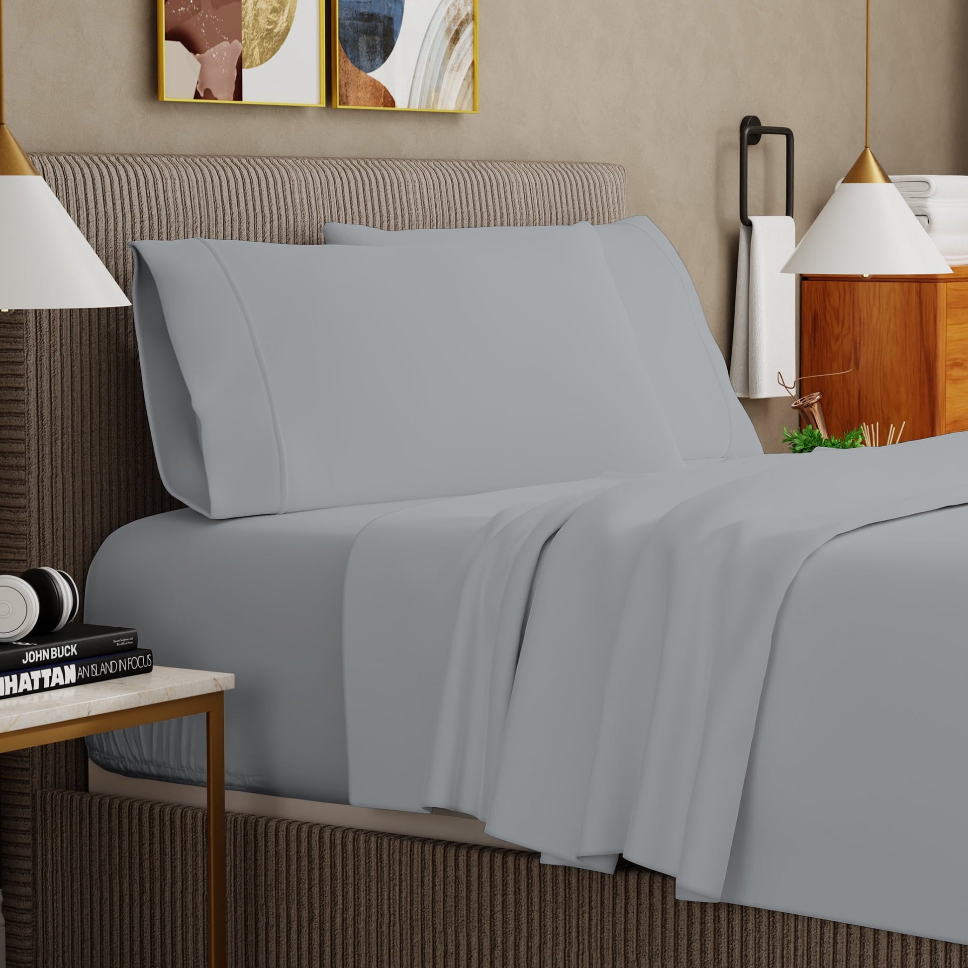 Ultra-Soft Soft Finish Microfiber Percale Queen Bed Sheet Set – 4-Piece Lightweight, Wrinkle-Resistant, Quick-Dry, Light Gray - Cooling Hotel Quality Bedding Sheets and Pillowcases Detail