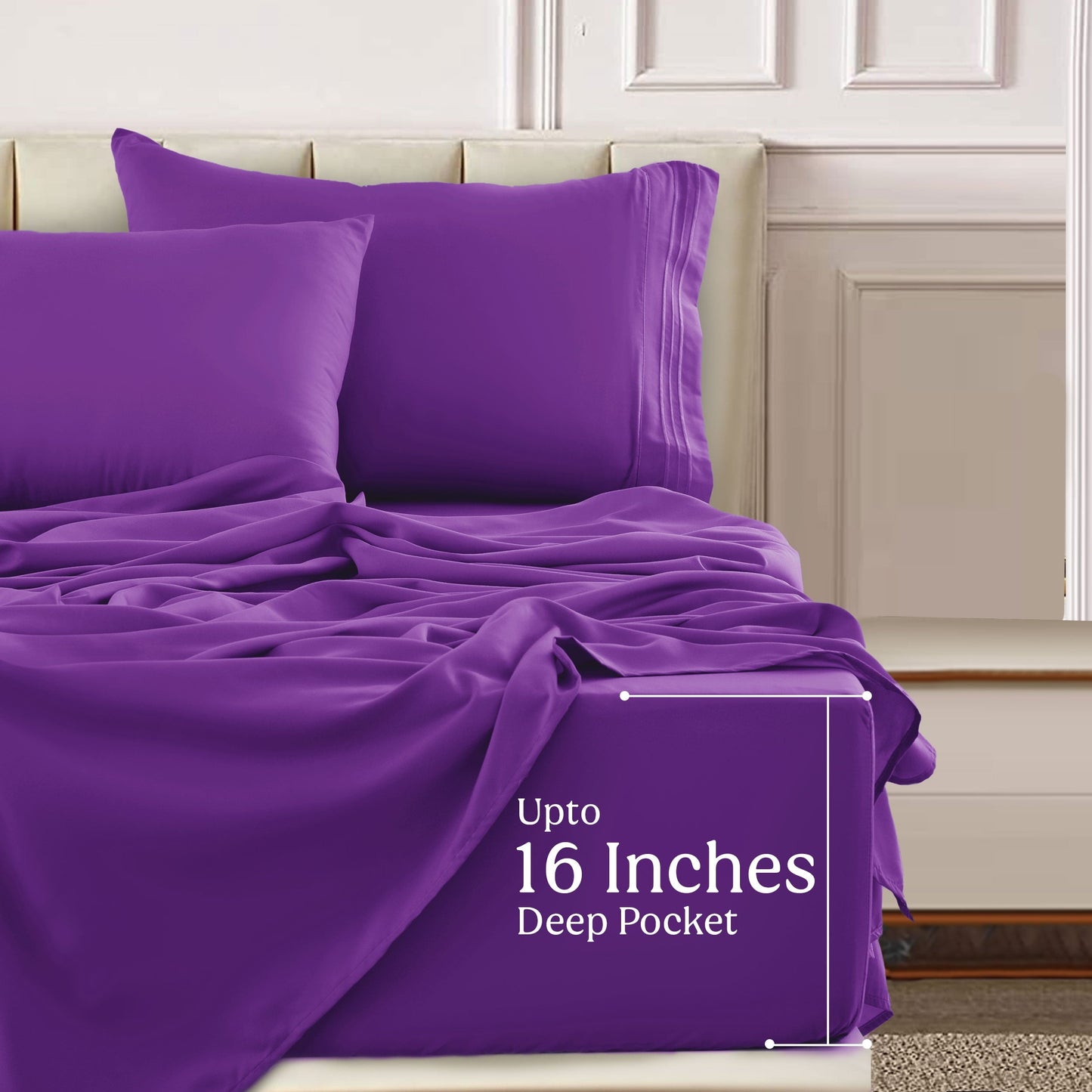 Ultra-Soft King Bed Sheets - 16 Inch Deep Pocket 6 Piece Microfiber Bedding Sheets & Pillowcase Sets - Purple - Breathable Egyptian Cotton Flat & Fitted Sheets Detail