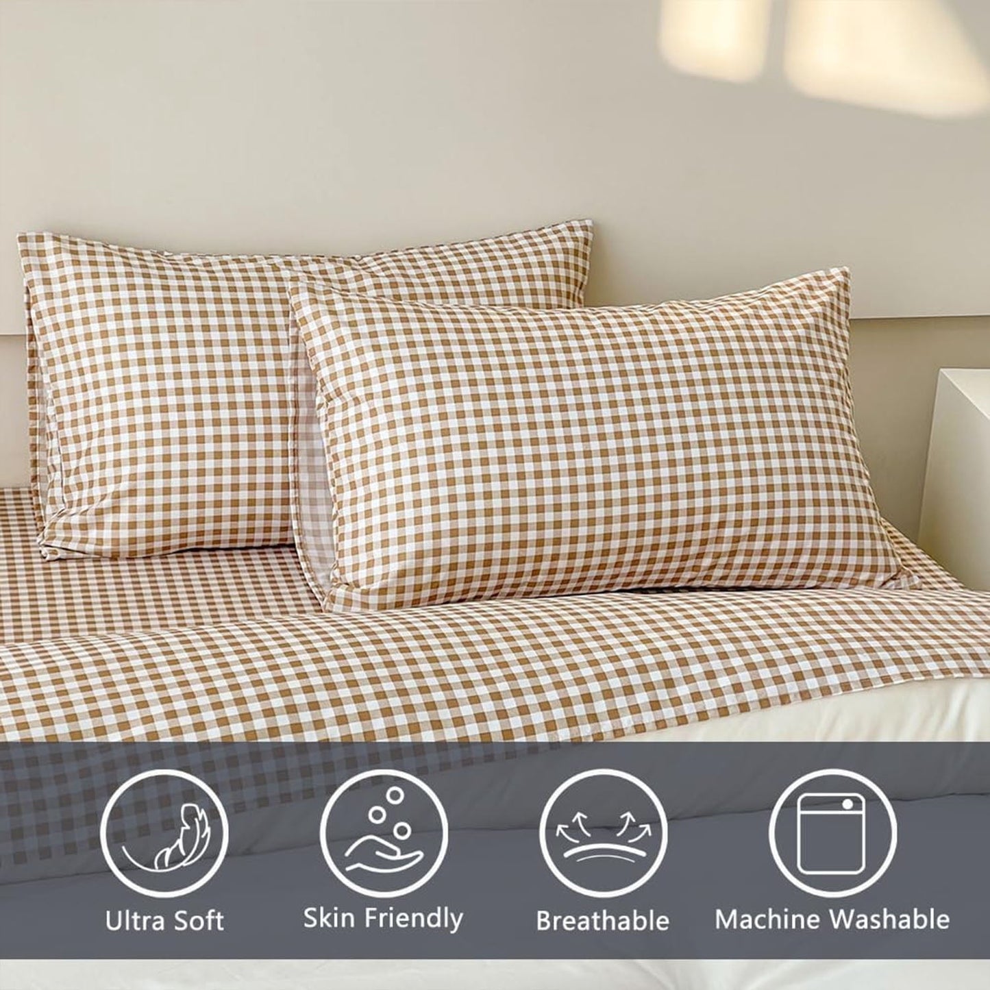 Premium Egyptian Cotton Sheet Set, Soft Brushed Microfiber Taupe Plaid Sheets, 4-Piece Brown Grid Set with Deep Pocket - Breathable Egyptian Cotton Flat & Fitted Sheets Detail