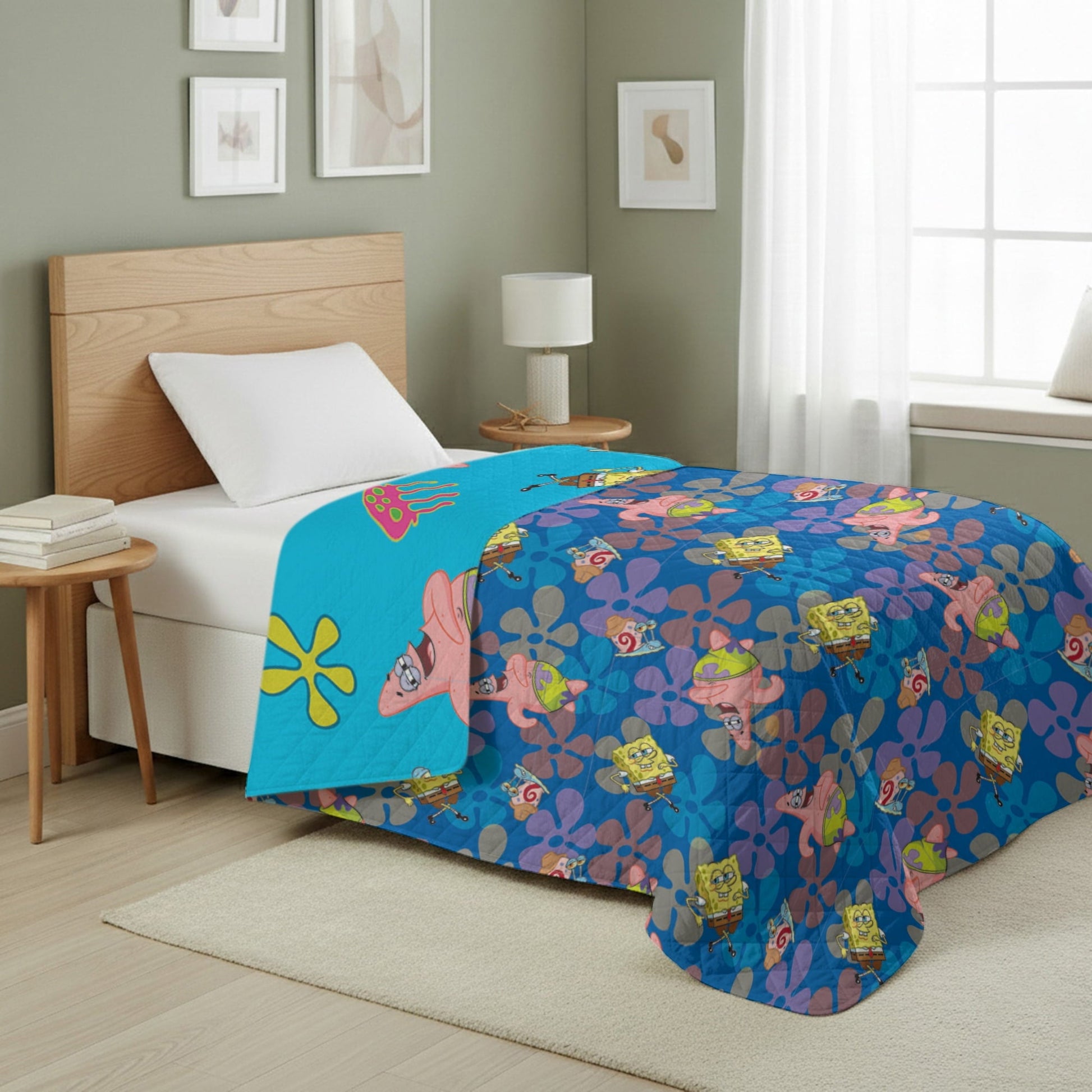 Super Soft Flannel Spongebob Tropical Waltz Quilted Throw Blanket 60x80 inches, Kids Character Bedding - Lightweight Plush Warm Blanket for All Seasons Detail