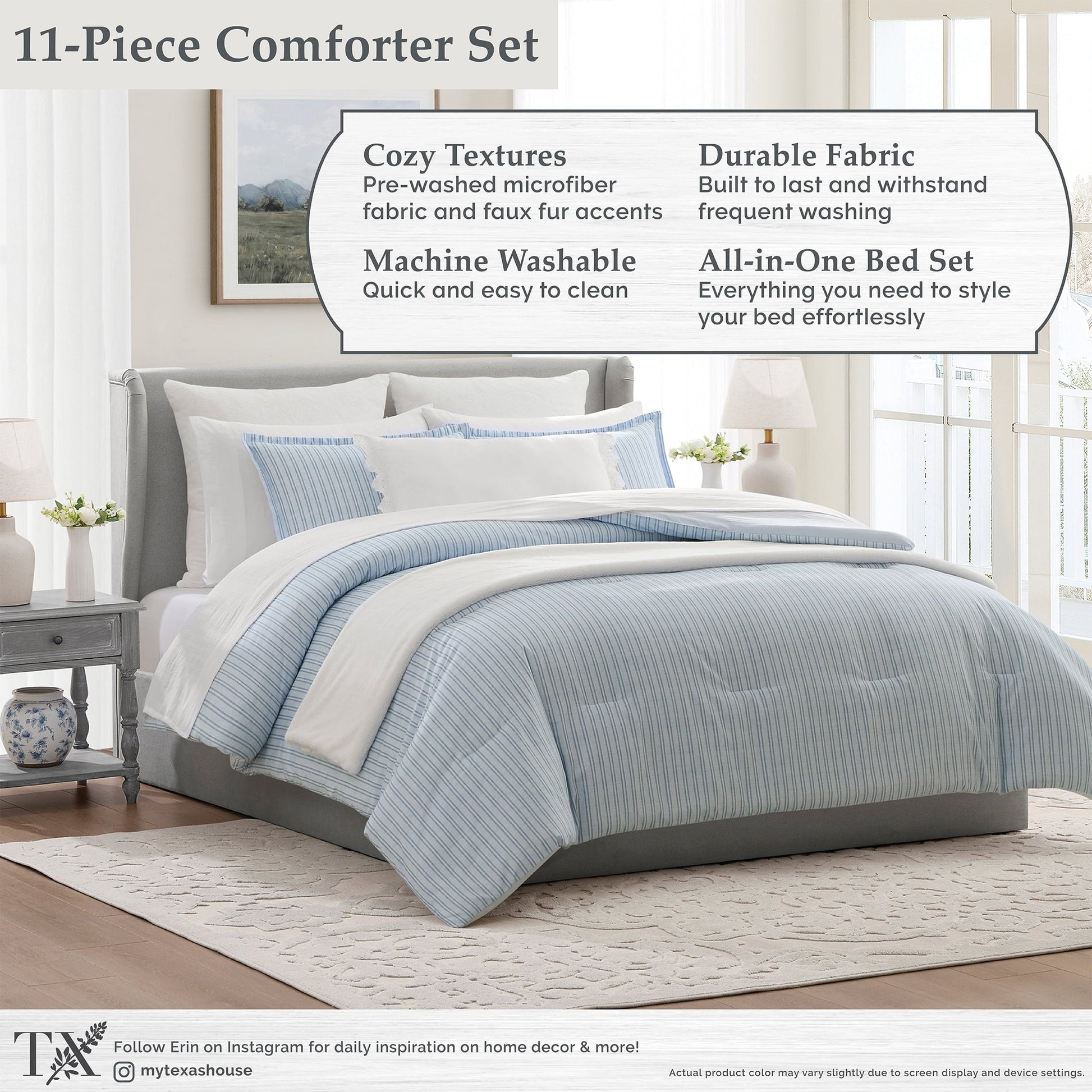 Fluffy Down Alternative Stripe 11-Piece Comforter Set with Sheets, Blue, Queen - Hypoallergenic Ultra-Fluffy Quilt for Winter Detail