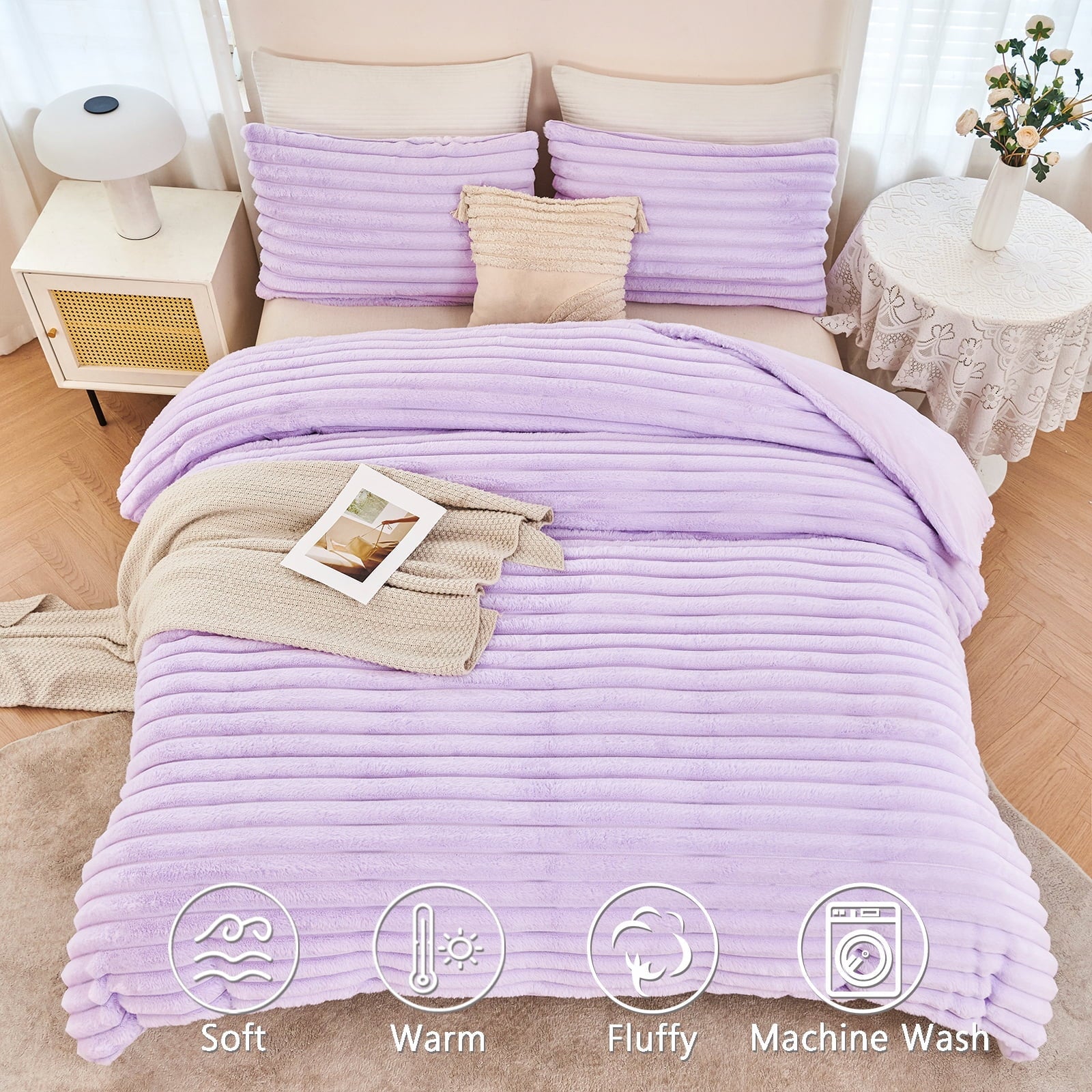 Luxurious Quilted Fleece Twin Comforter Set, Light Purple Super Soft Furry Plush Bedding, Luxury Fluffy Fuzzy Heavy Bed Set for Winter ... - Luxurious Quilted Duvet Cover Set Detail