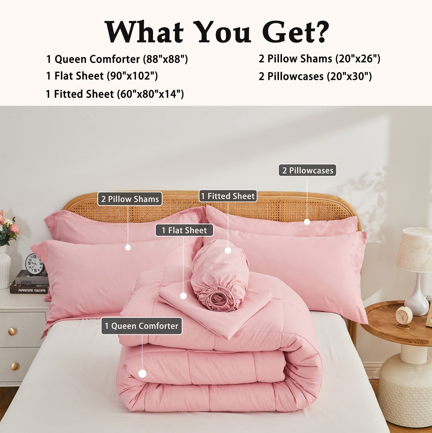 Hypoallergenic Cloud 7-Piece Queen Size Comforter Set,Pink Reversible Bed in a Bag,All Season Solid Bedding Set with Sheets,Pillowcases & ... - Hypoallergenic Ultra-Fluffy Quilt for Winter Detail