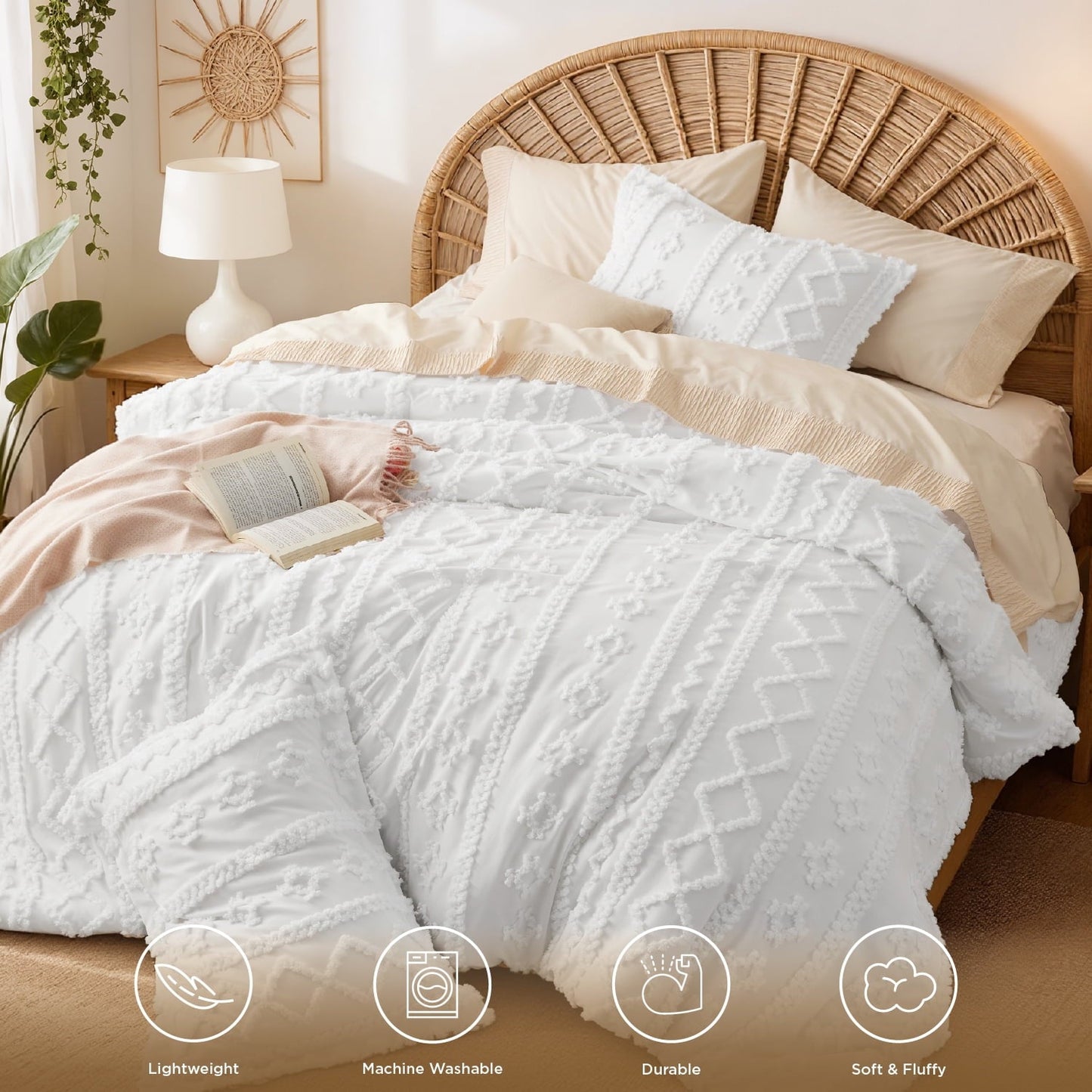 Heavyweight Warmth Tufted Boho Comforter Set, 2 Pieces Farmhouse Shabby Chic Embroidery Bed Set, Soft Jacquard Comforter for All Seasons... - All-Season Down Alternative Comforter Insert Detail