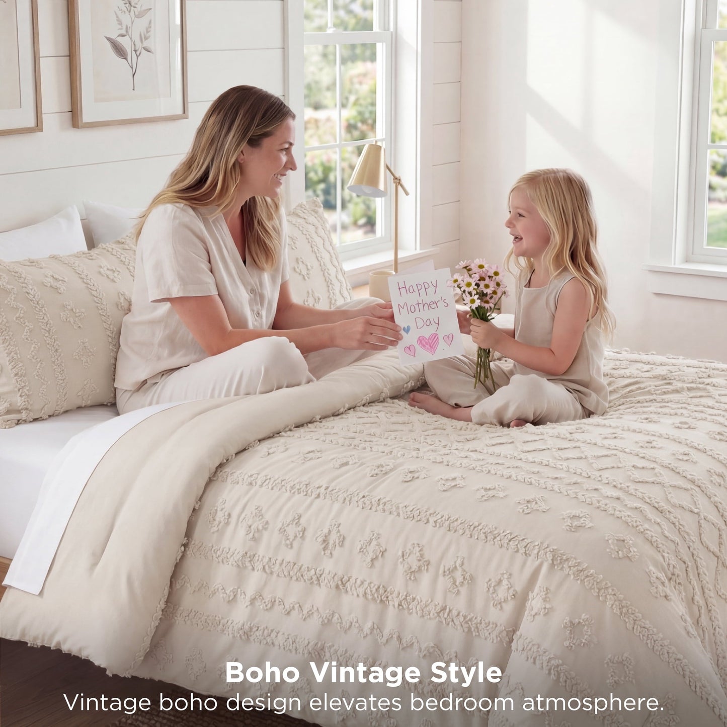 Hypoallergenic Cloud Tufted Boho Comforter Set Queen, Beige, 3 Pieces Farmhouse Shabby Chic Embroidery Bedding Set, Soft Jacquard Comforte... - Luxurious Quilted Duvet Cover Set Detail