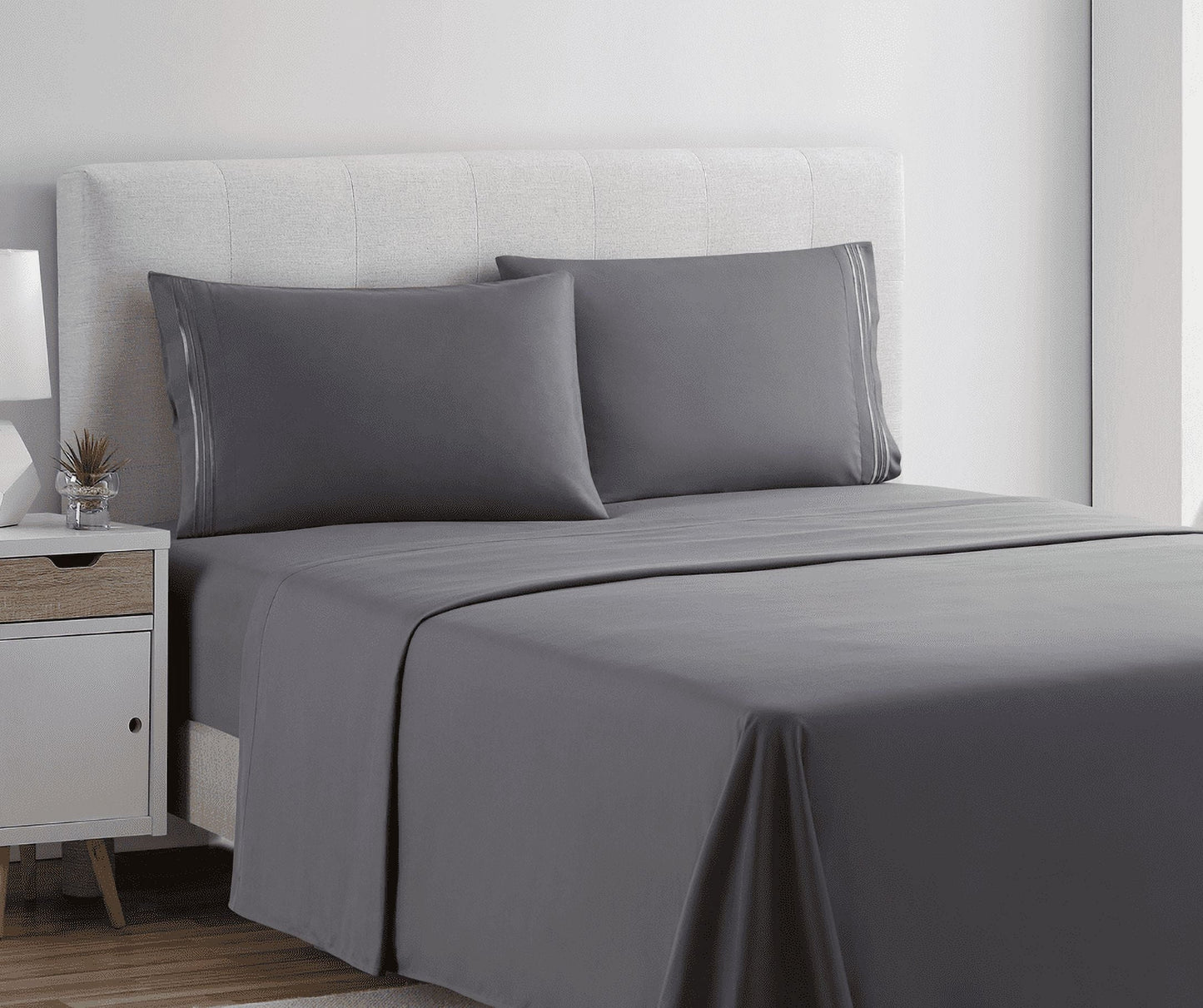 Cooling Sateen Queen Sheets Set, 1800 Series 4 Piece Sheets , Luxury Soft Microfiber Queen Size Bed Sheets Set, Gray - Luxury Bed Sheet Set with Deep Pockets Detail