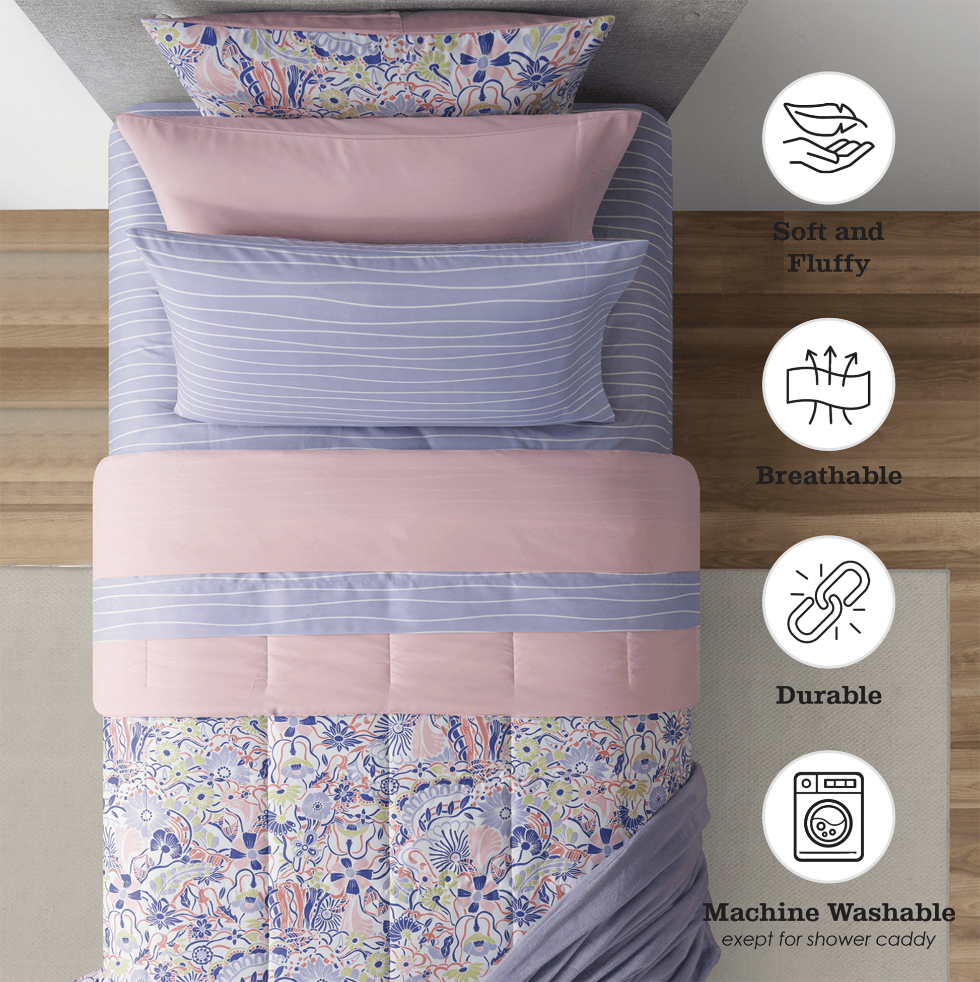 All-Season 14pc College Dorm Essentials Bundle, Twin-XL, Reversible Bed in a Bag Comforter Set, Purple Floral - All-Season Down Alternative Comforter Insert Detail