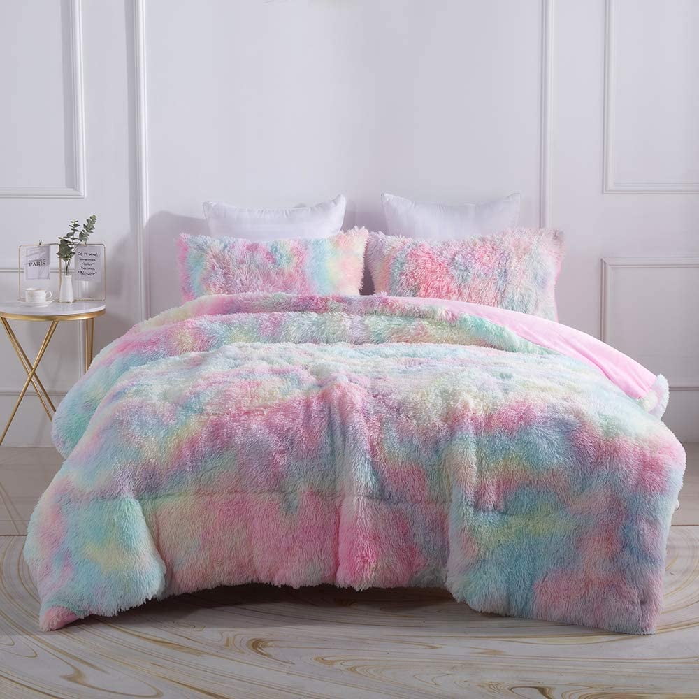 Hypoallergenic Cloud Plush Shaggy Comforter Set Fluffy Fuzzy Faux Fur Bedding Set - Microfiber Soft Warm Quilt Set(Rainbow Pink,Queen Size) - Hypoallergenic Ultra-Fluffy Quilt for Winter Detail