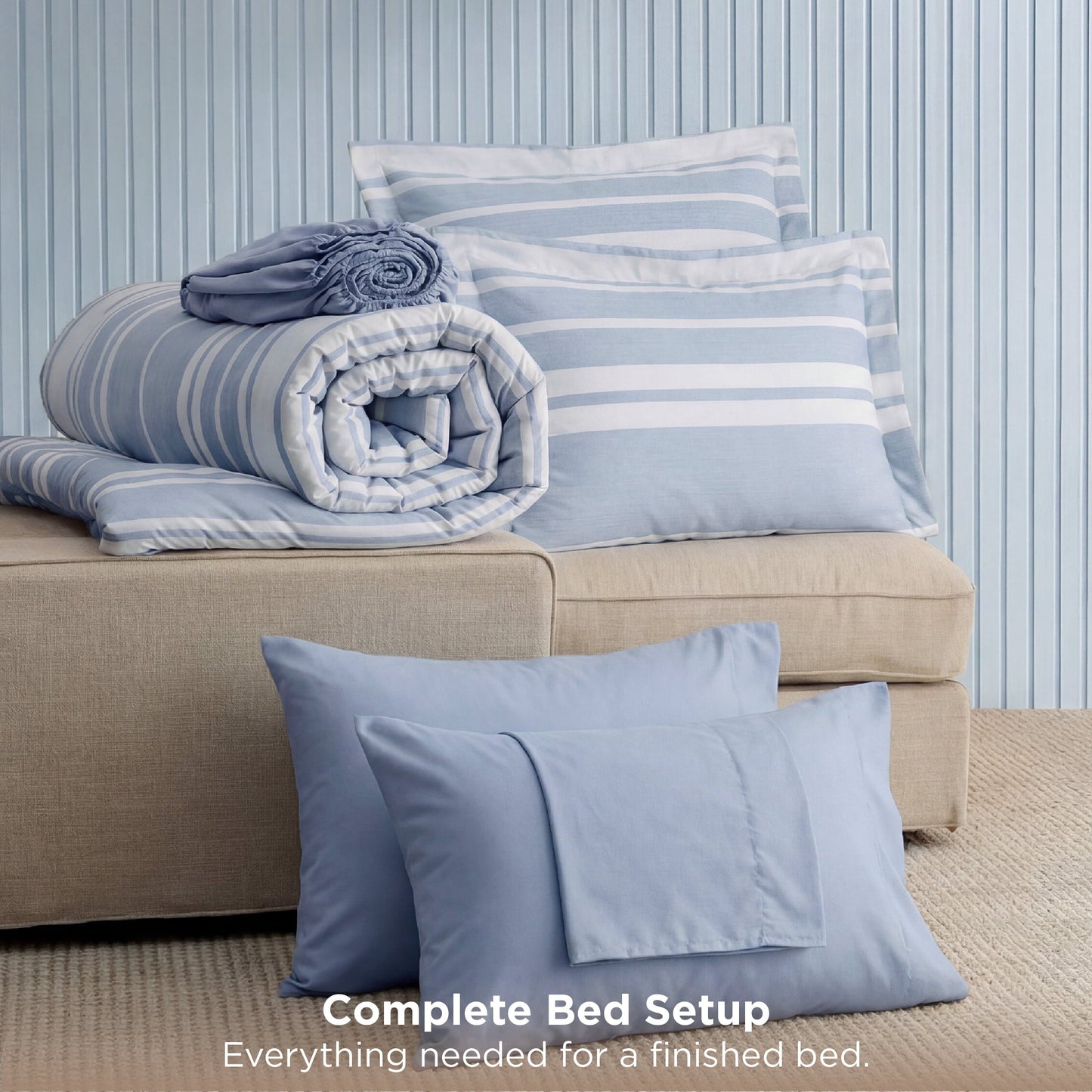 Fluffy Down Alternative Queen Comforter Set Blue, Bed in a Bag Queen Size Bedding 7-Pieces, Striped Bedding Set for All Seasons - Cloud-Like Soft Lightweight Bed Comforter Detail