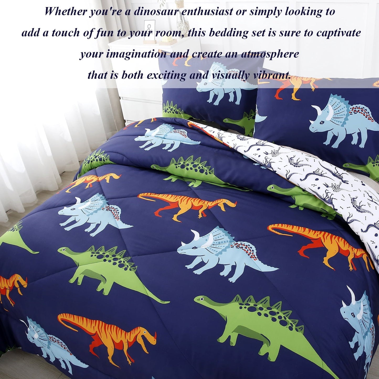 Hypoallergenic Cloud 3 Pcs Dinosaur Twin Size Bedding Sets for Boys, Dinosaur Printing Boys Comforter Set, Blue and White Reversible Bed C... - Hypoallergenic Ultra-Fluffy Quilt for Winter Detail