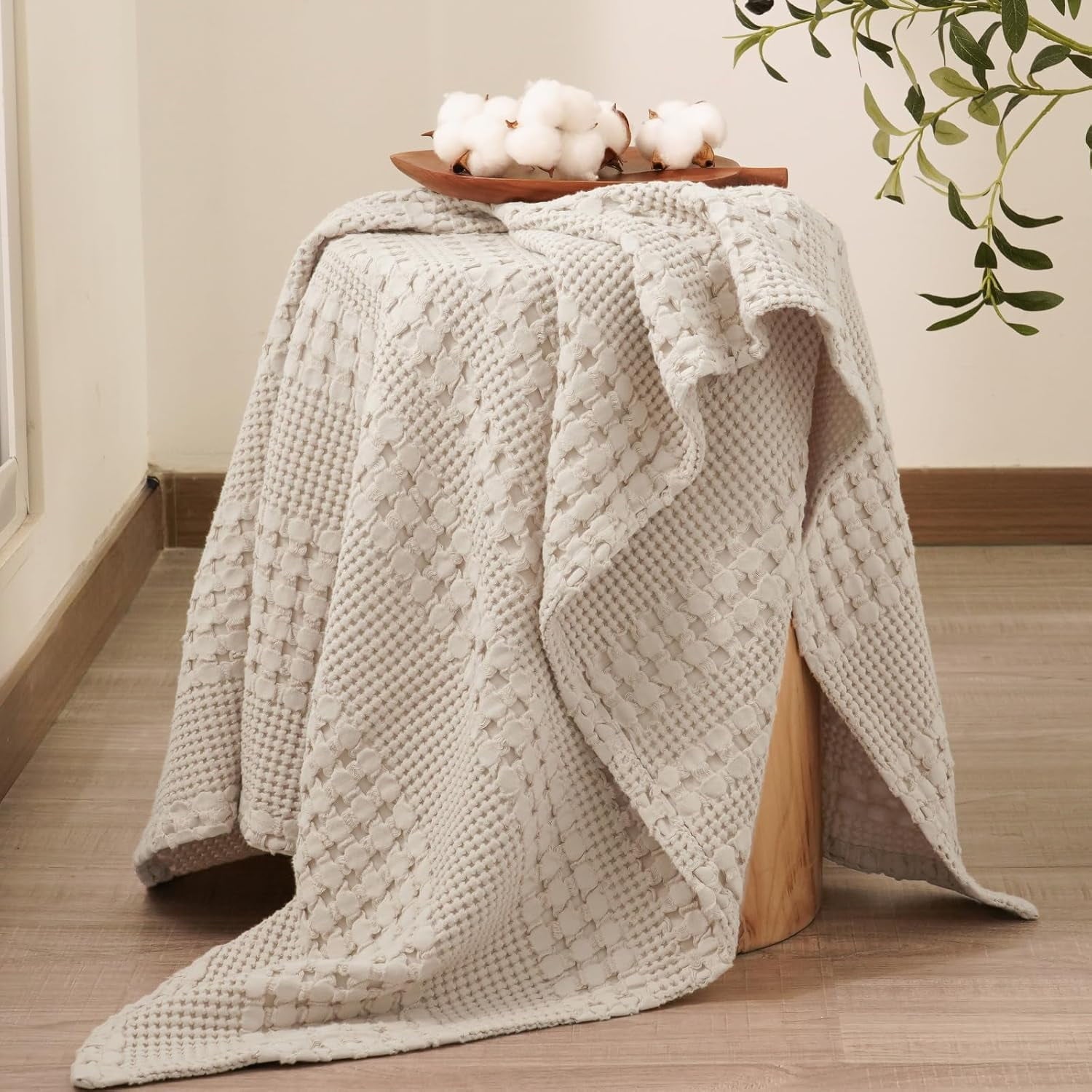 Cozy Fleece 100% Cotton Waffle Weave Blanket, Lightweight Throw Washed Blanket for Bed Sofa Home Decor, Oatmeal, 50"x60" - Super Soft Reversible Sherpa Flannel Blanket Detail
