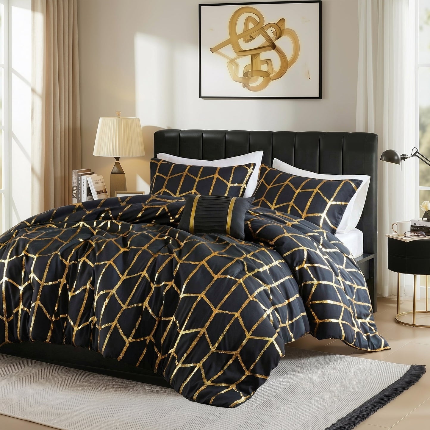 Luxurious Quilted Full/Queen Size Comforter Set, 4-Piece Bedding Set for All Seasons, Geometric Metallic Comforter Bed Set with Decor P... - Luxurious Quilted Duvet Cover Set Detail