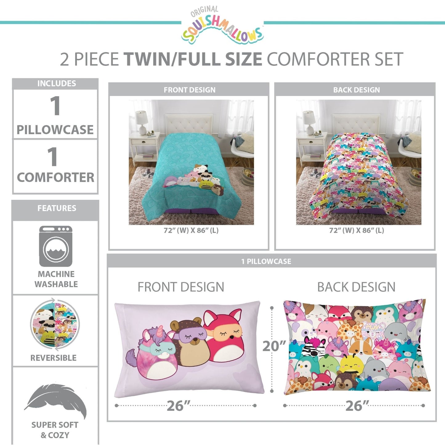 Fluffy Down Alternative Squishmallows Kids 2 Piece Teal Blue Reversible Comforter and Pillowcase set, Twin/full - All-Season Down Alternative Comforter Insert Detail