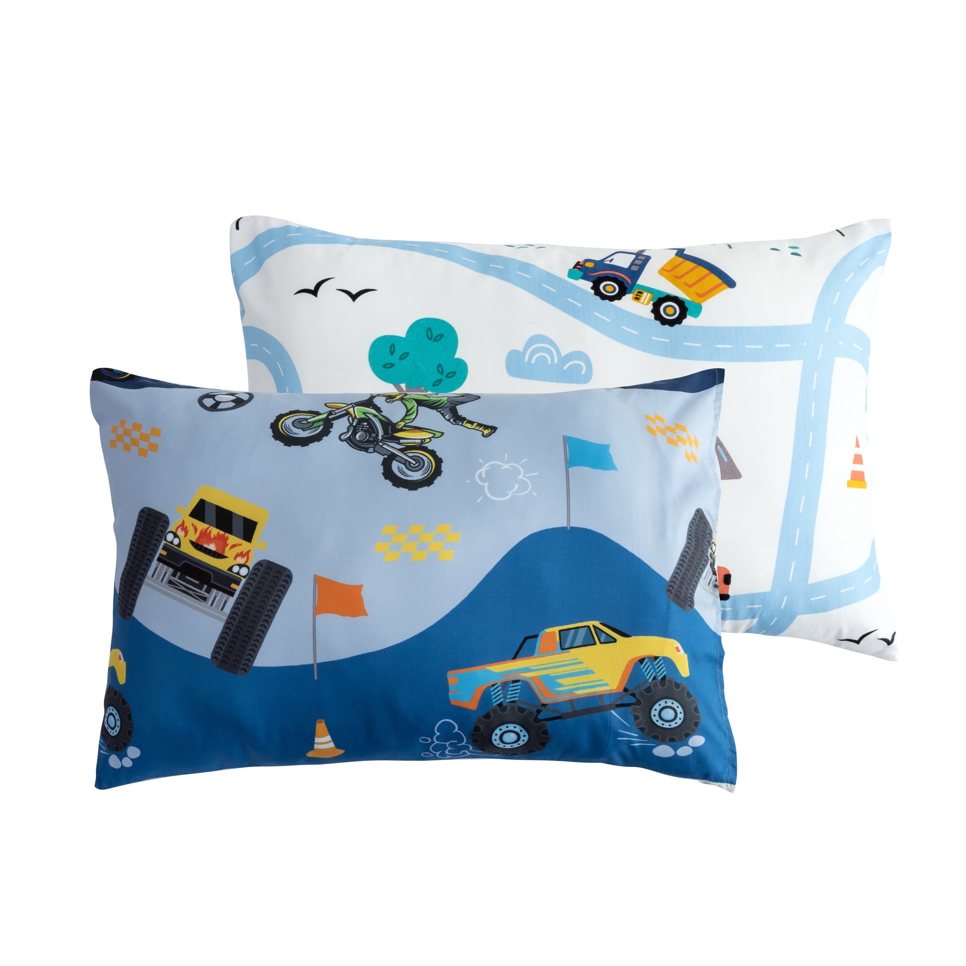 Heavyweight Warmth 3Pcs Reversible Construction Truck Twin Comforter Set for Boys Kids Excavator Vehicle Motorcycle Bedding Set Blue - Hypoallergenic Ultra-Fluffy Quilt for Winter Detail