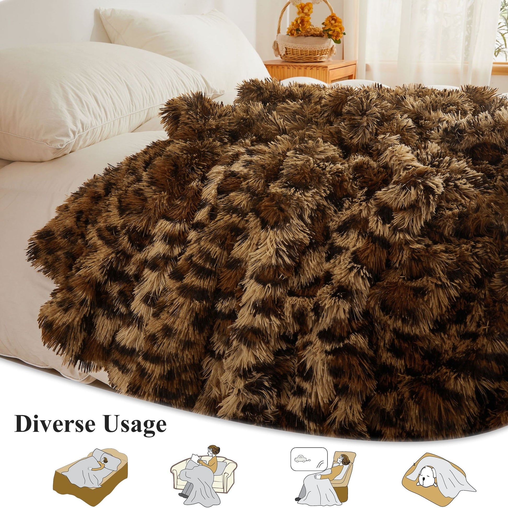 Cozy Fleece Luxury Faux Fur Leopard Print Throw, Soft 50x60 Cheetah Print Fluffy Blanket, Shaggy Plush Decorative Couch Throw, Cu... - Luxury Knitted Decorative Throw Blanket with Fringes Detail