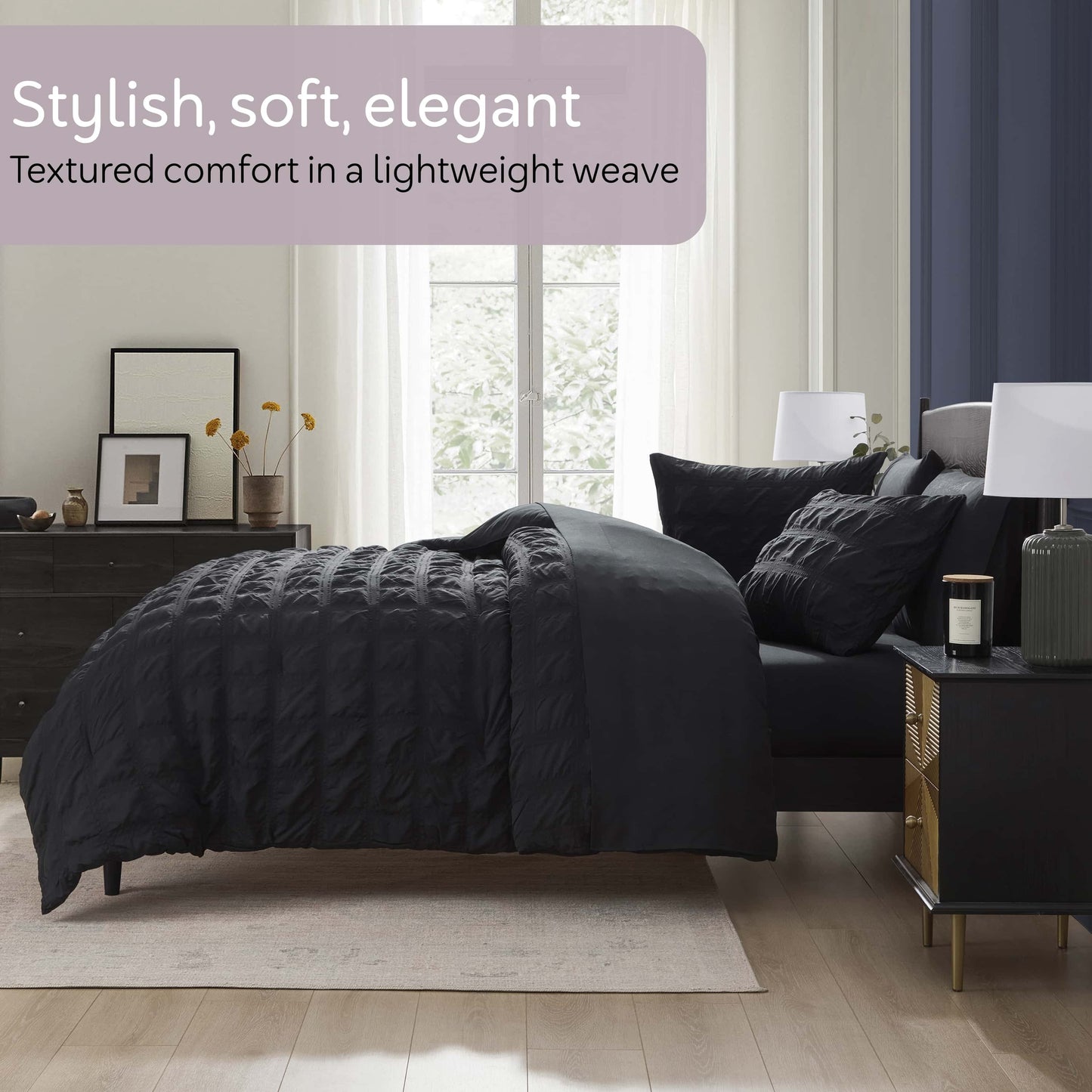 Heavyweight Warmth Queen Comforter Set, Seersucker Queen Size Comforter Set, 7-Pc All Season Bedding Comforter Set, Black - Luxurious Quilted Duvet Cover Set Detail
