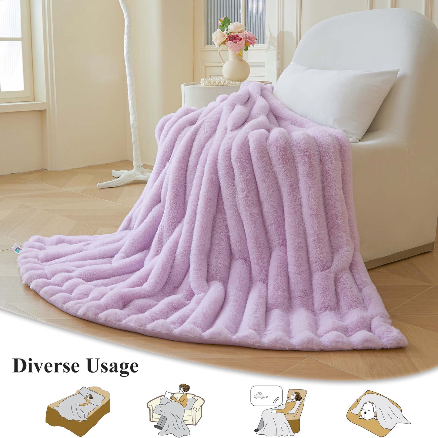 Decorative Knitted Fluffy Faux Rabbit Fur Throw, Cozy Wide Stripe Plush Fuzzy Blanket for Bed Couch Sofa Chair, Light Purple Shaggy Thro... - Luxury Knitted Decorative Throw Blanket with Fringes Detail