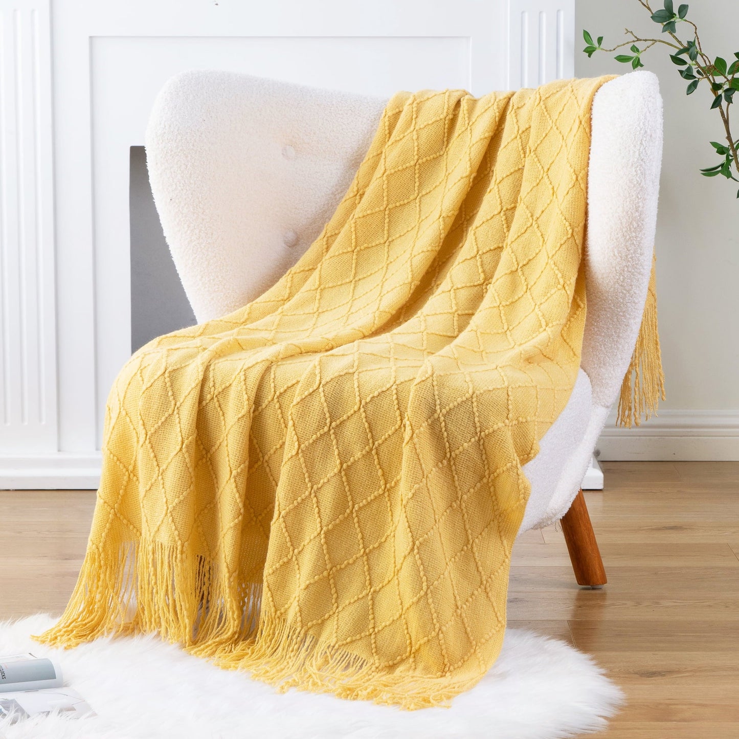 Super Soft Flannel Mustard Throw Blanket for Couch,Gold Yellow Knit Throw with Fringe,Outdoor Throw ,50"x60" - Lightweight Plush Warm Blanket for All Seasons Detail