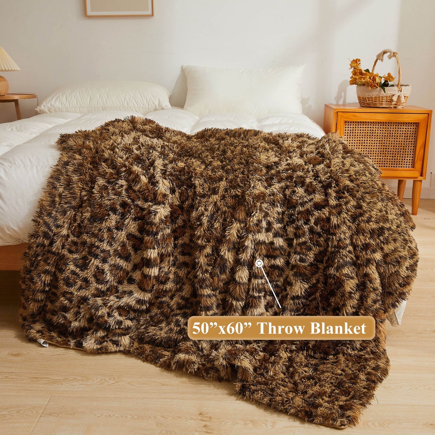 Cozy Fleece Luxury Faux Fur Leopard Print Throw, Soft 50x60 Cheetah Print Fluffy Blanket, Shaggy Plush Decorative Couch Throw, Cu... - Luxury Knitted Decorative Throw Blanket with Fringes Detail