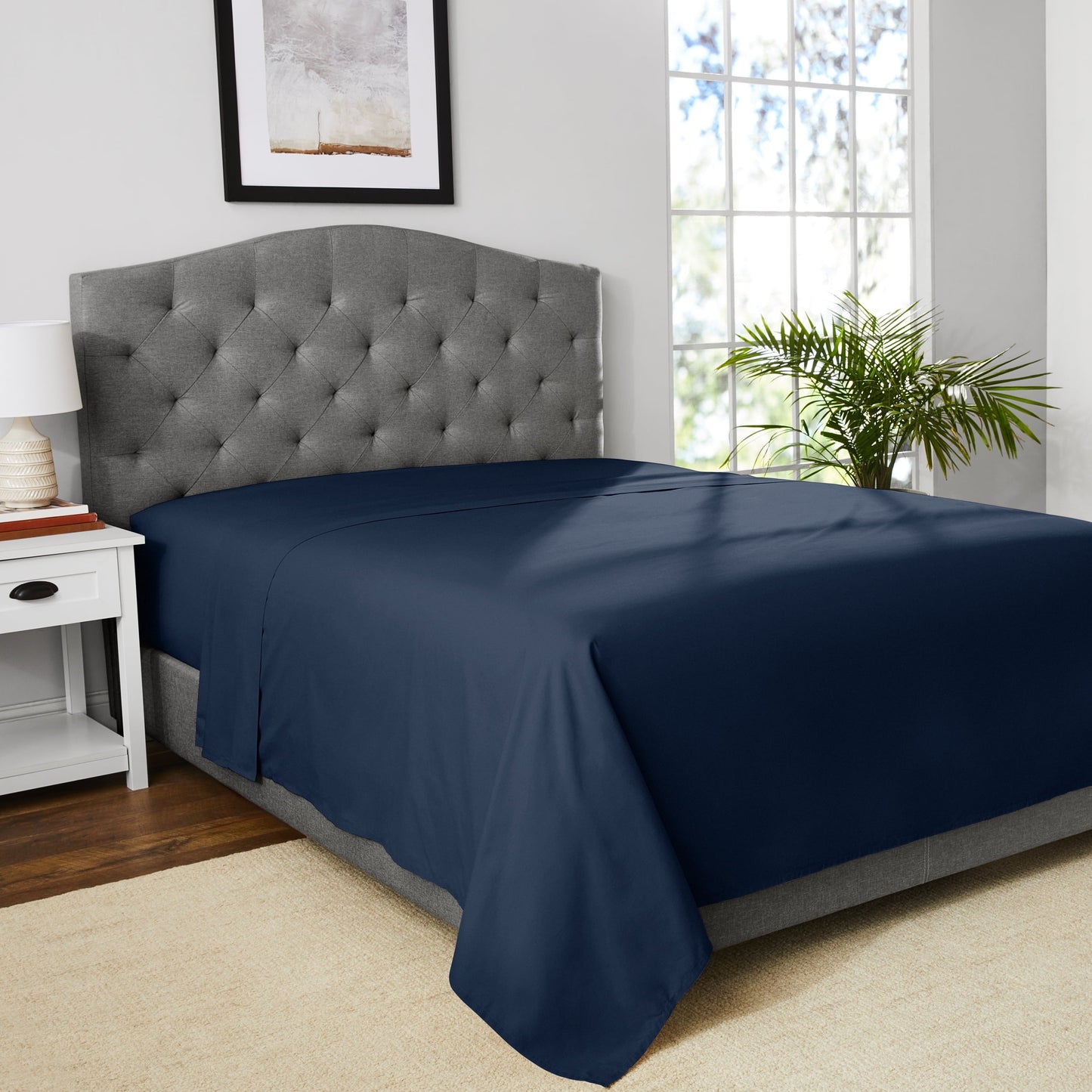 Wrinkle-Resistant 300 Thread Count Easy Care Blue Cove Cotton Blend Percale Flat Bed Sheet, King - Cooling Hotel Quality Bedding Sheets and Pillowcases Detail