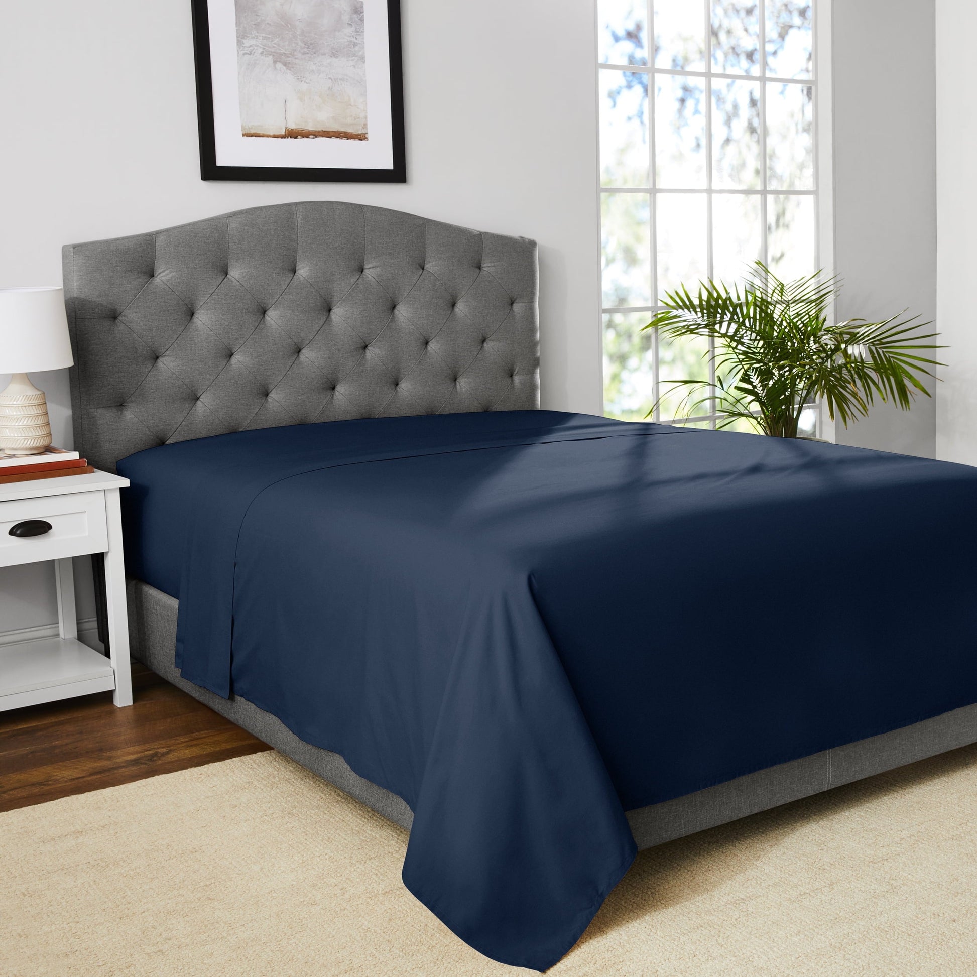 Wrinkle-Resistant 300 Thread Count Easy Care Blue Cove Cotton Blend Percale Flat Bed Sheet, King - Cooling Hotel Quality Bedding Sheets and Pillowcases Detail