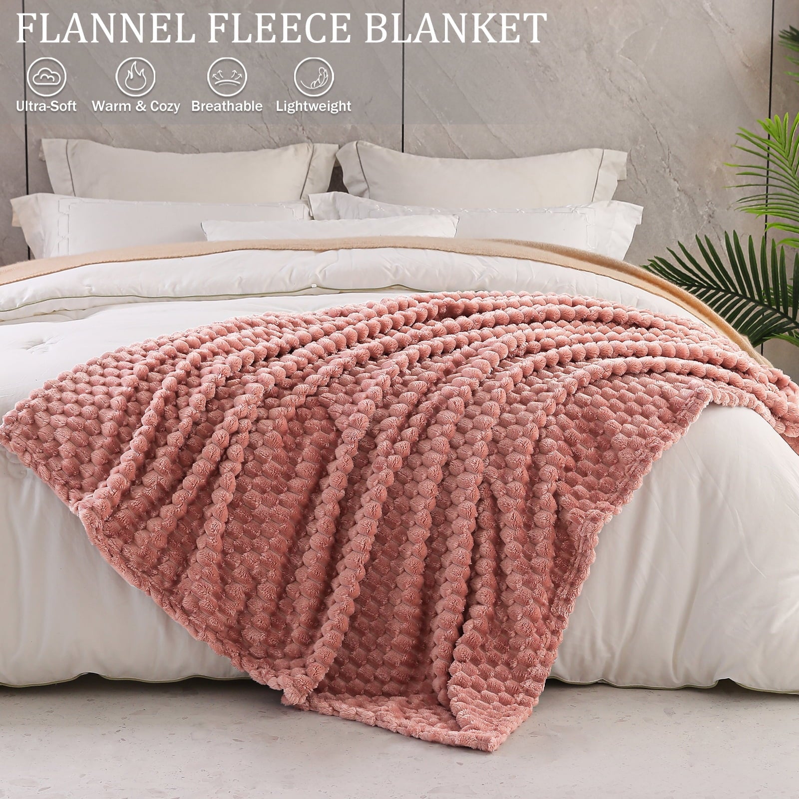 Reversible Sherpa Large Soft Fleece Throw Blanket, 50"x70" Stylish Jacquard Throw Blanket for Couch, Cozy, Warm, Lightweight Dusty Pink... - Super Soft Reversible Sherpa Flannel Blanket Detail