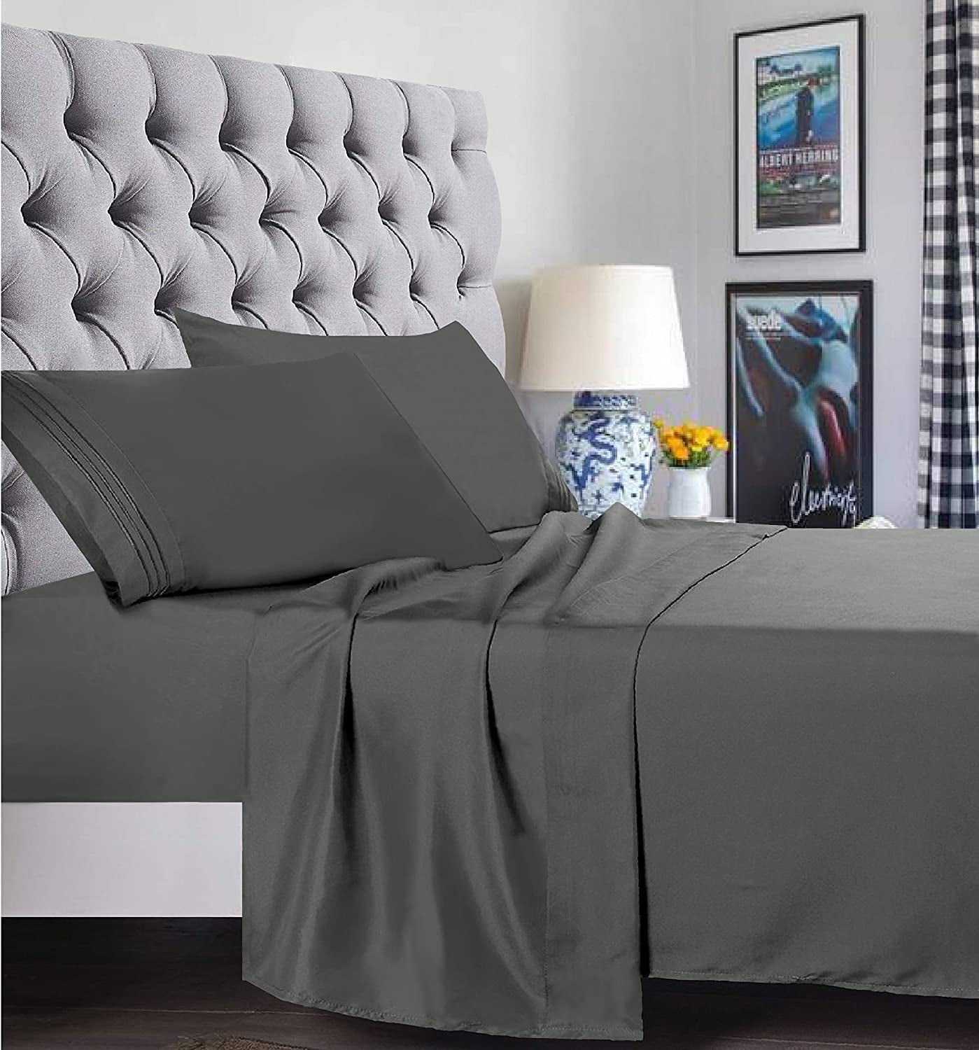 Cooling Sateen 4 Pieces Bed Sheet set Flat,Fitted,Pillowcase , Queen Grey - Breathable Egyptian Cotton Flat & Fitted Sheets Detail