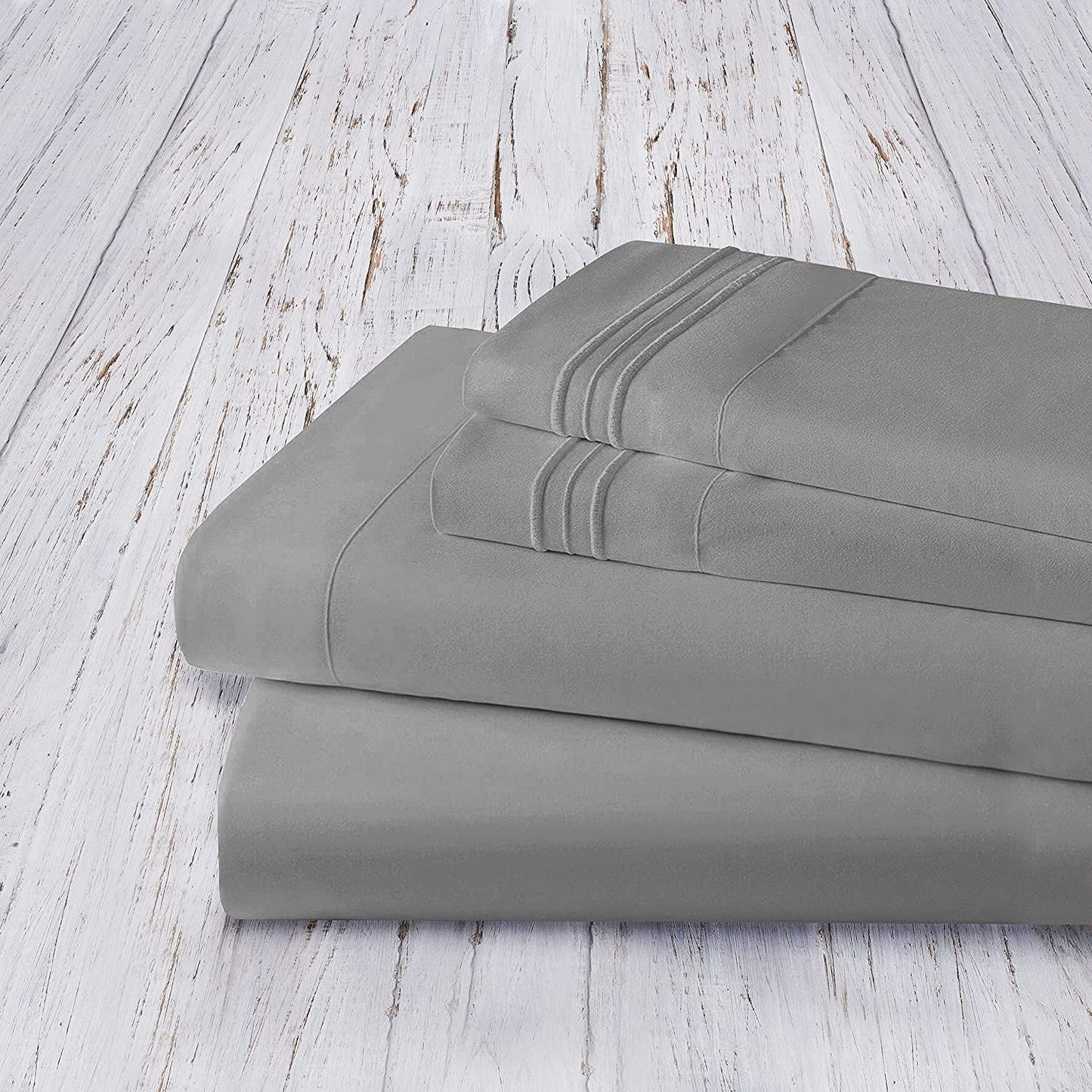 Cooling Sateen 4 Pieces Bed Sheet set Flat,Fitted,Pillowcase , Queen Grey - Breathable Egyptian Cotton Flat & Fitted Sheets Detail