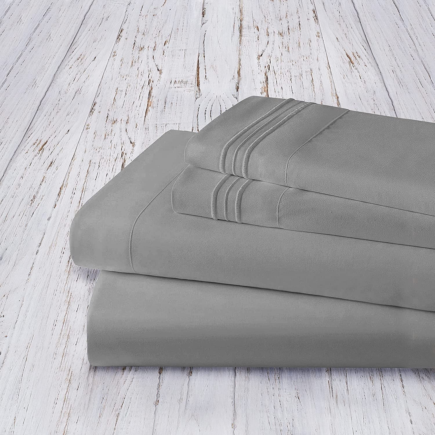 Cooling Sateen 4 Pieces Bed Sheet set Flat,Fitted,Pillowcase , Queen Grey - Breathable Egyptian Cotton Flat & Fitted Sheets Detail