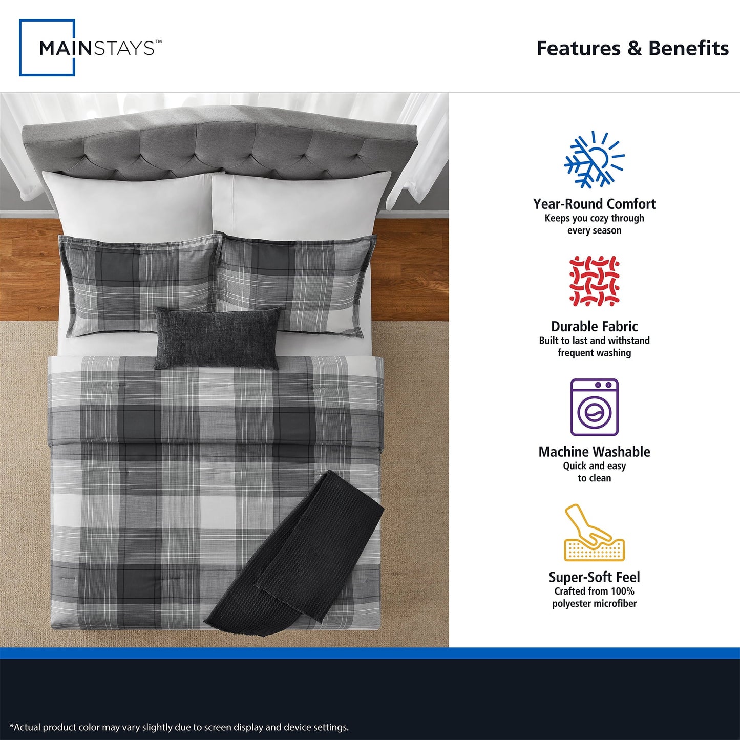 Heavyweight Warmth Full/Queen Comforter Set, All-Season, 5-Piece, Grey Plaid - Luxurious Quilted Duvet Cover Set Detail