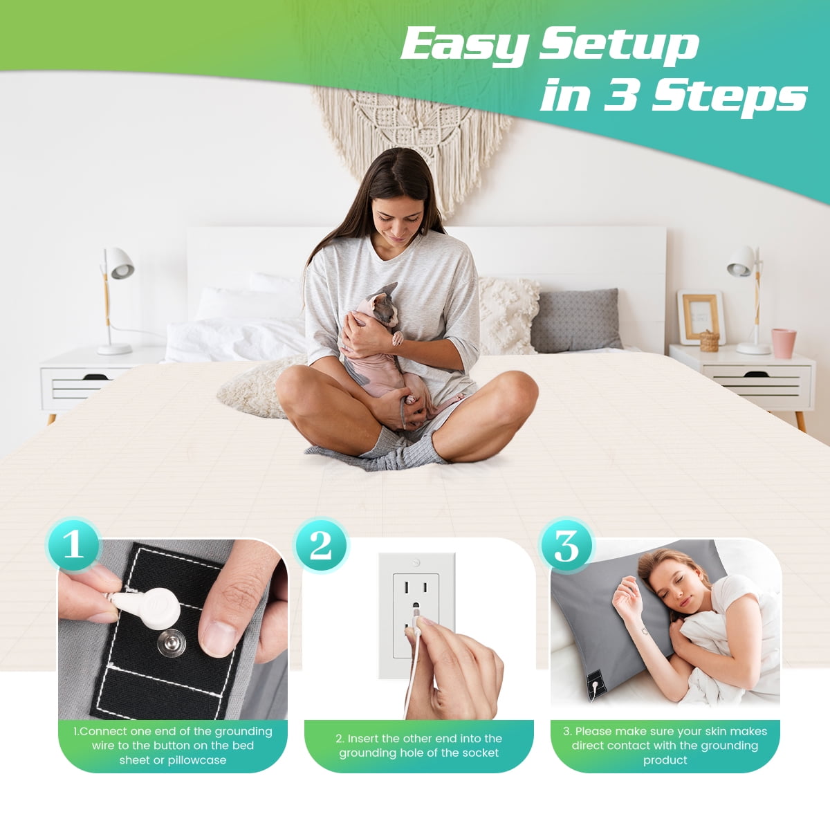Cooling Sateen Conductive Grounding Bed Sheets for Better Sleep with 15ft Cord 10% Pure Silver Fiber 27x52in Gray - Luxury Bed Sheet Set with Deep Pockets Detail
