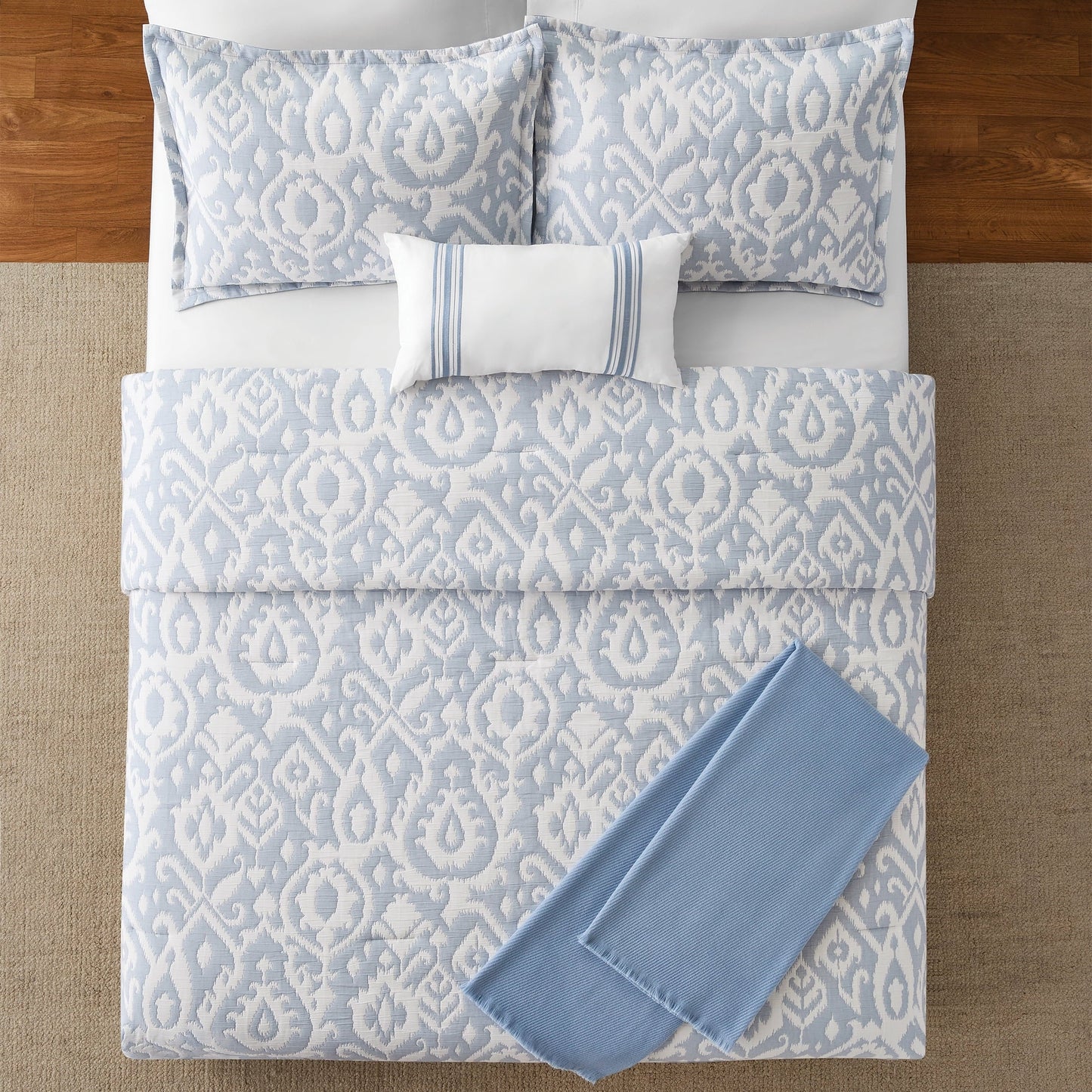 All-Season Full/Queen Comforter Set, All-Season, 5-Piece, Blue Matelasse Ikat - Luxurious Quilted Duvet Cover Set Detail