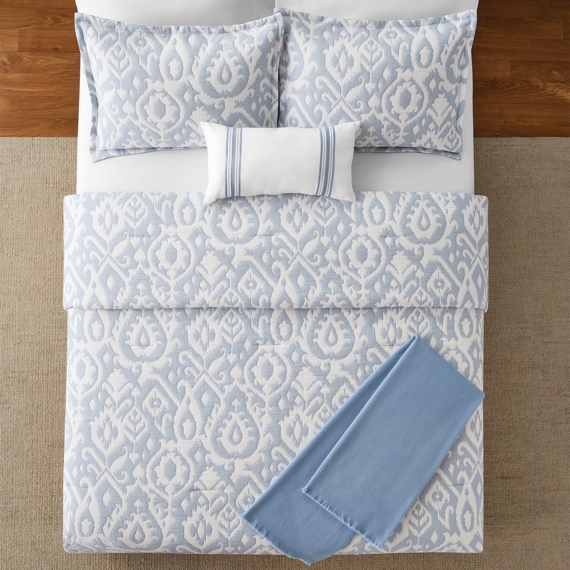 All-Season Full/Queen Comforter Set, All-Season, 5-Piece, Blue Matelasse Ikat - Luxurious Quilted Duvet Cover Set Detail