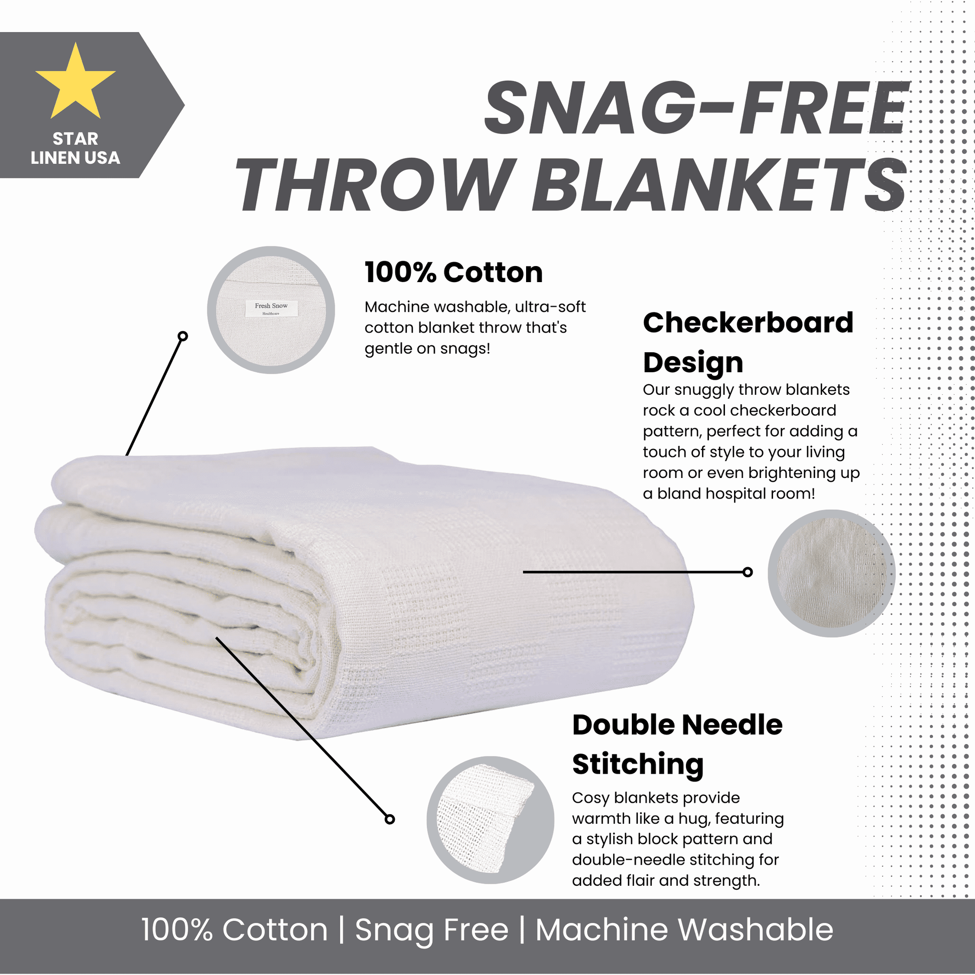 Super Soft Flannel Hospital Thermal Blanket Throw Snag Free | 100% Cotton | Twin 66"x90" | White (1) - Super Soft Reversible Sherpa Flannel Blanket Detail