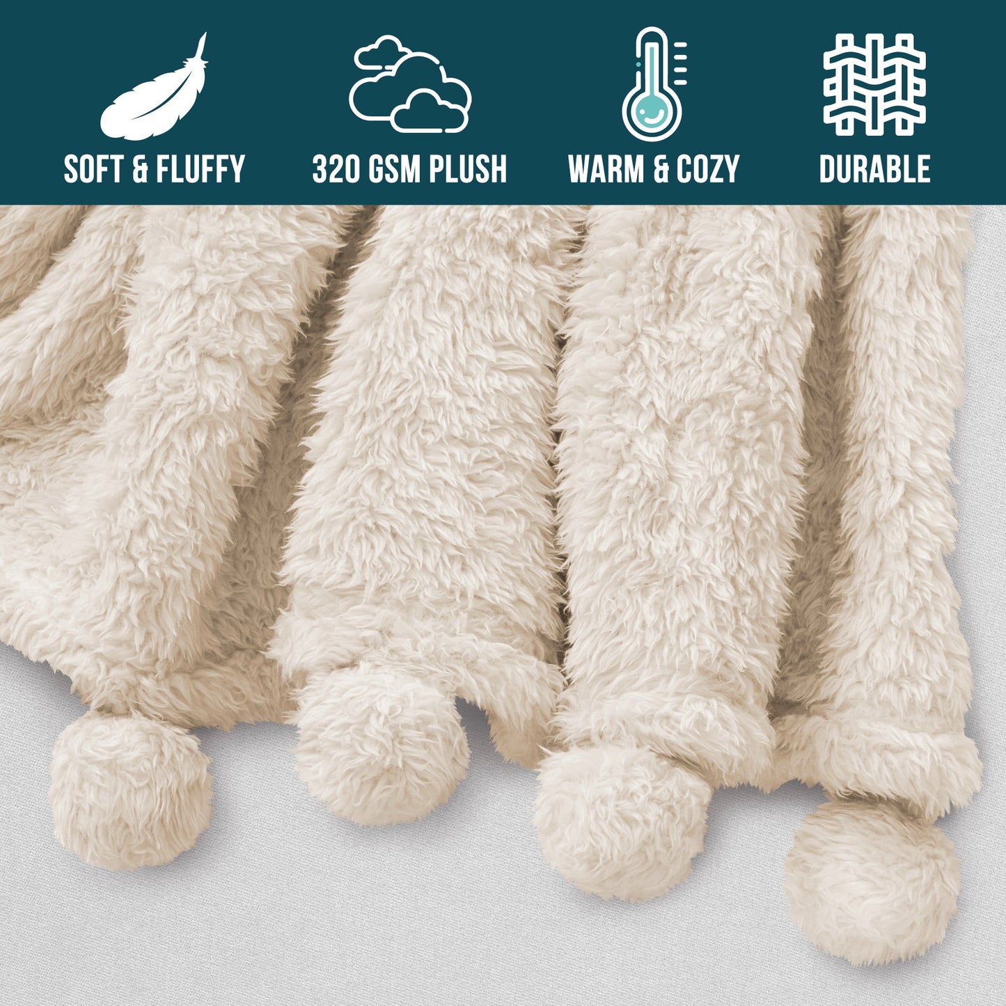 Cozy Fleece Ivory Cream Sherpa Throw Blanket with Soft Pom Pom Fringe, Plush Cozy Warm Blankets for Couch Bed Sofa, Fuzzy Fleece ... - Cozy Fleece Throw Blanket for Couch & Bed Detail
