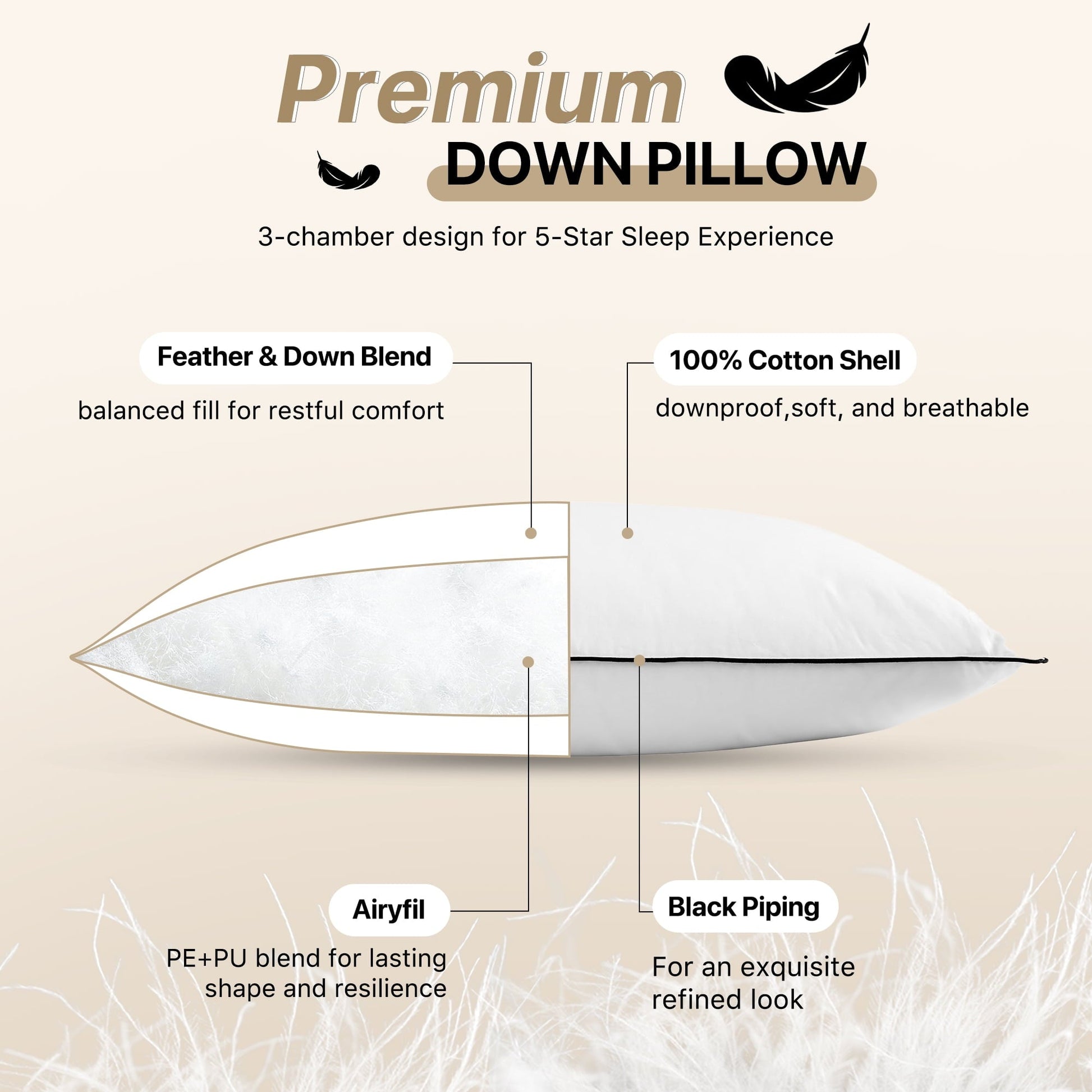 Fluffy Shredded Feather Down Pillows Set of 2, Medium Firm Hotel Bed Pillow 2 Pack, Queen Size, 20 x 30 in. - Decorative Throw Pillow Cushion for Sofa & Bed Detail