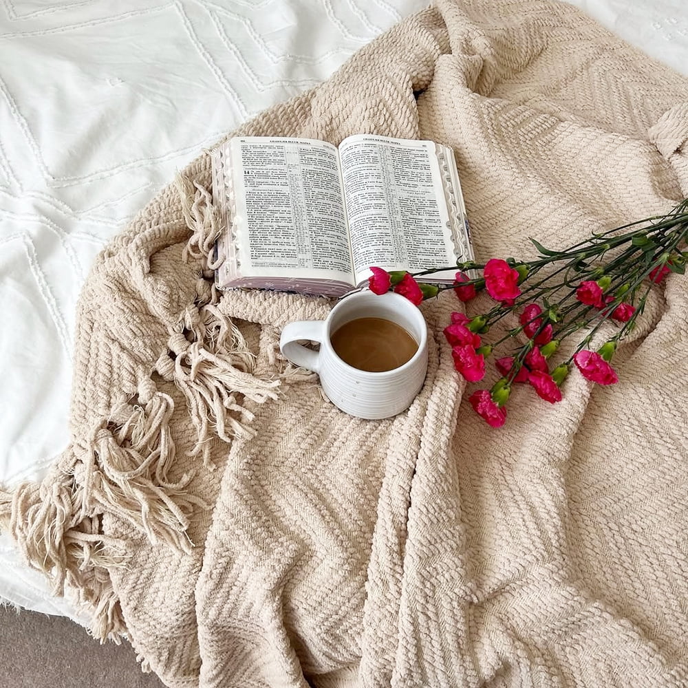 Lightweight Warm Beige Throw Blanket,Textured Knitted Tan Throws with Tassels,Neutral Sofa Bed Throws,50"x60" - Lightweight Plush Warm Blanket for All Seasons Detail