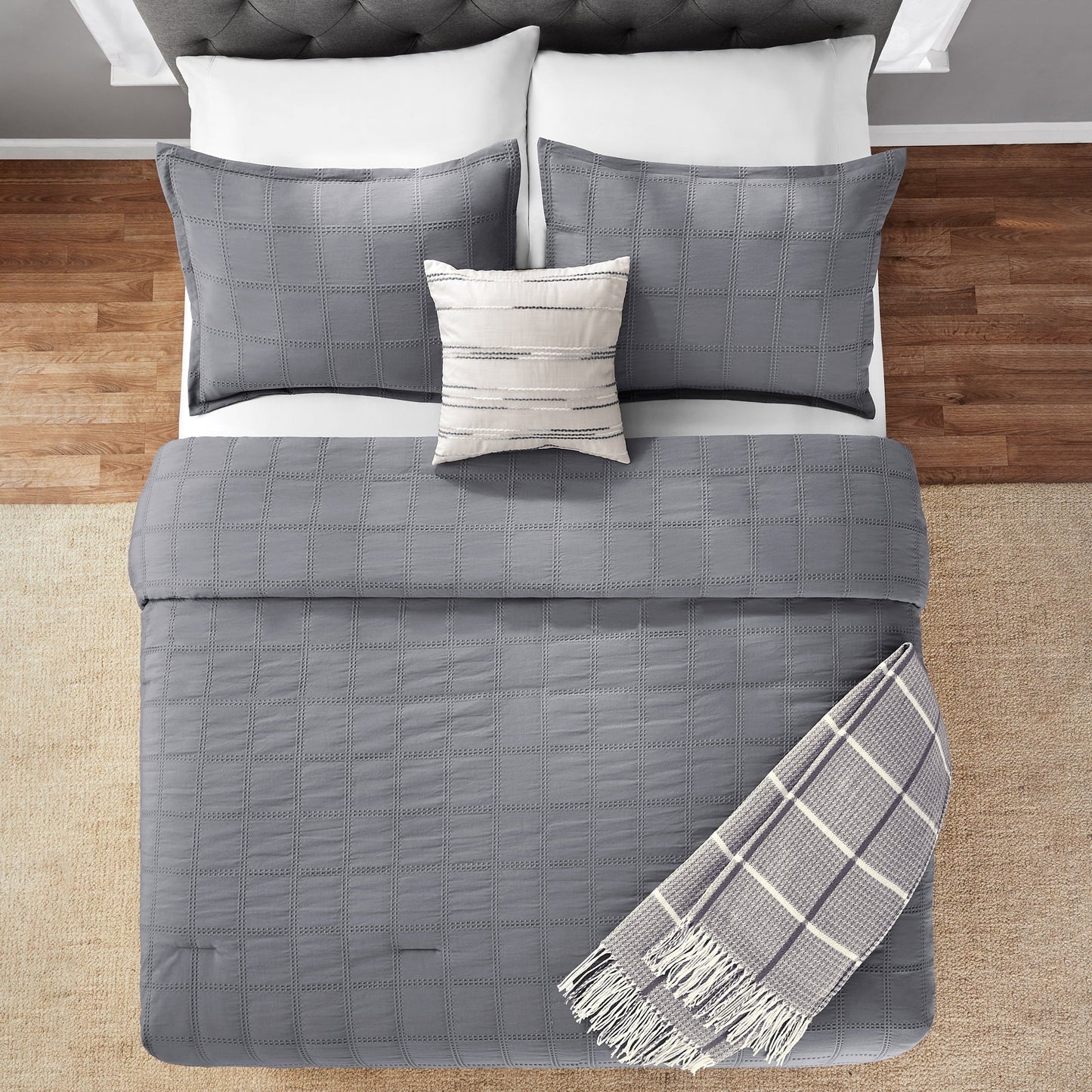 All-Season Full/Queen Comforter Set, All-Season, 5-Piece, Grey Waffle Check - Cloud-Like Soft Lightweight Bed Comforter Detail