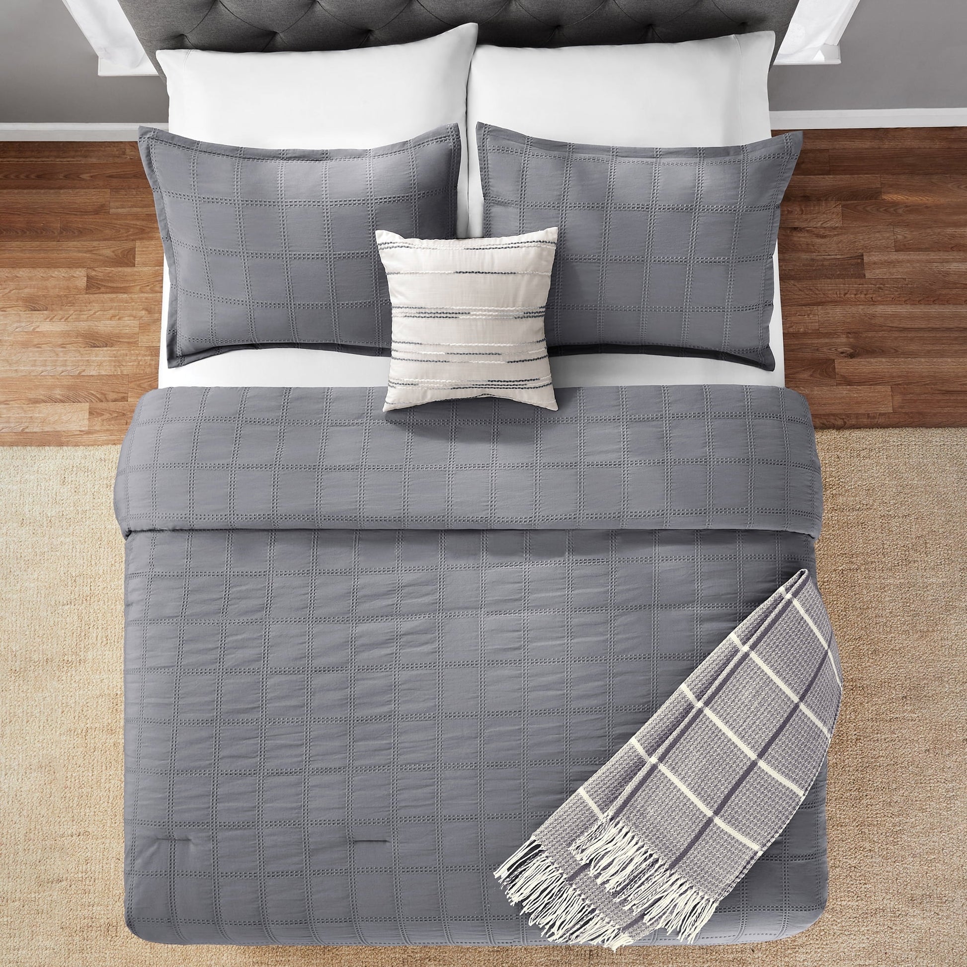 All-Season Full/Queen Comforter Set, All-Season, 5-Piece, Grey Waffle Check - Cloud-Like Soft Lightweight Bed Comforter Detail