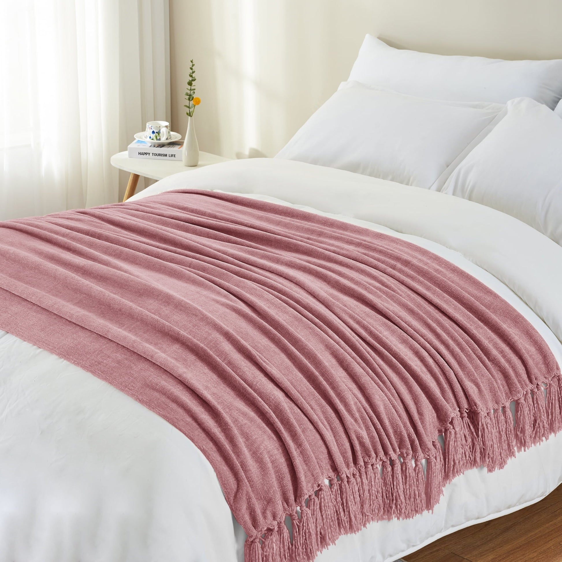 Cozy Fleece Chenille Throw Blanket with Fringe Tassel for Couch Sofa Chair Bed, Mauve 50" X 70" - Luxury Knitted Decorative Throw Blanket with Fringes Detail