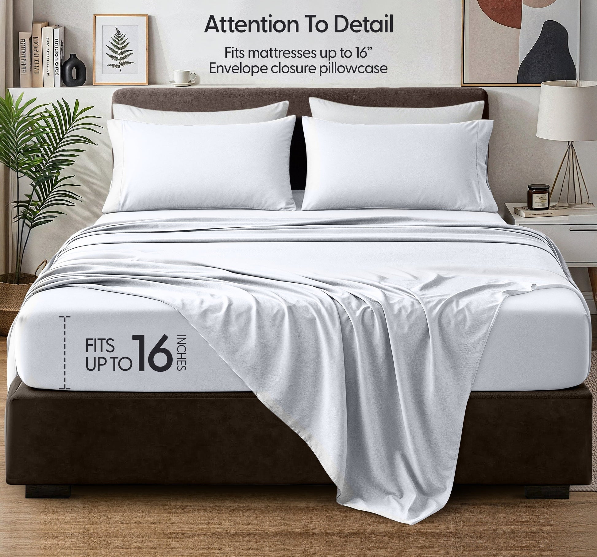Cooling Sateen Queen Size Bed Sheet Set in Bright White – 4 Piece Microfiber Sheets, Ultra-Soft, Deep Pocket, Wrinkle-Resistant, Eas... - Luxury Bed Sheet Set with Deep Pockets Detail